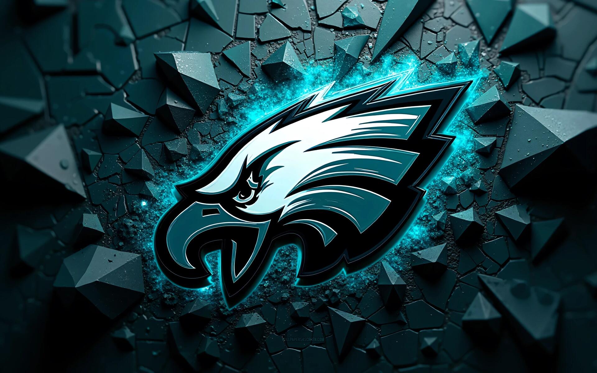 Philadelphia Eagles NFL logo glowing teal amid shattered dark geometric shards — 4K Ultra HD PC desktop wallpaper and background.