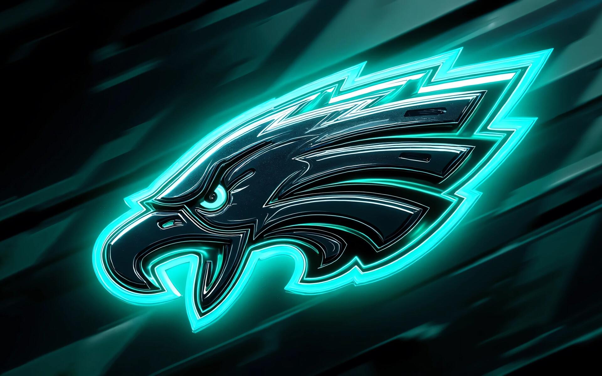 Neon teal Philadelphia Eagles NFL logo glowing on a dark streaked backdrop — 4K Ultra HD PC desktop wallpaper and background.