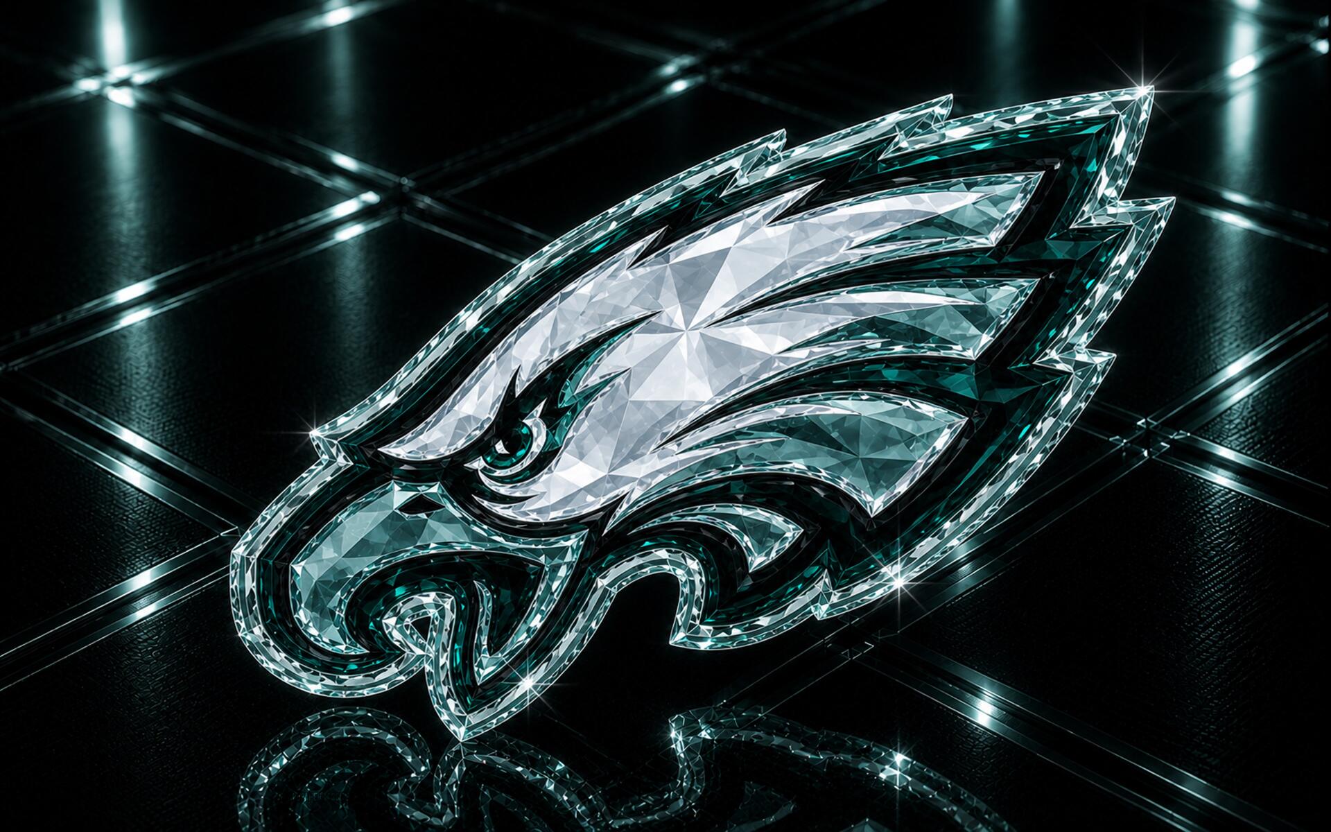 4K Ultra HD PC desktop wallpaper: crystalline Philadelphia Eagles NFL logo in teal and silver on a reflective grid