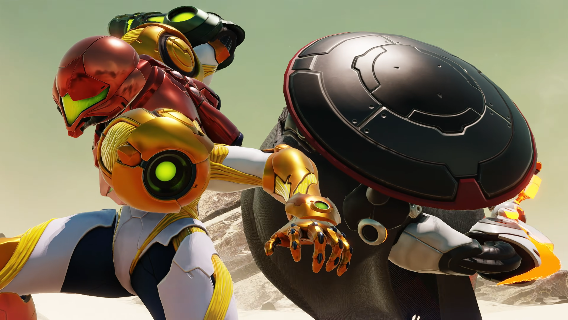 4K Ultra HD PC desktop wallpaper of Samus Aran in Metroid Ravenous armor, arm cannon extended beside a hovering shield device against a pale sky — Metroid franchise art.