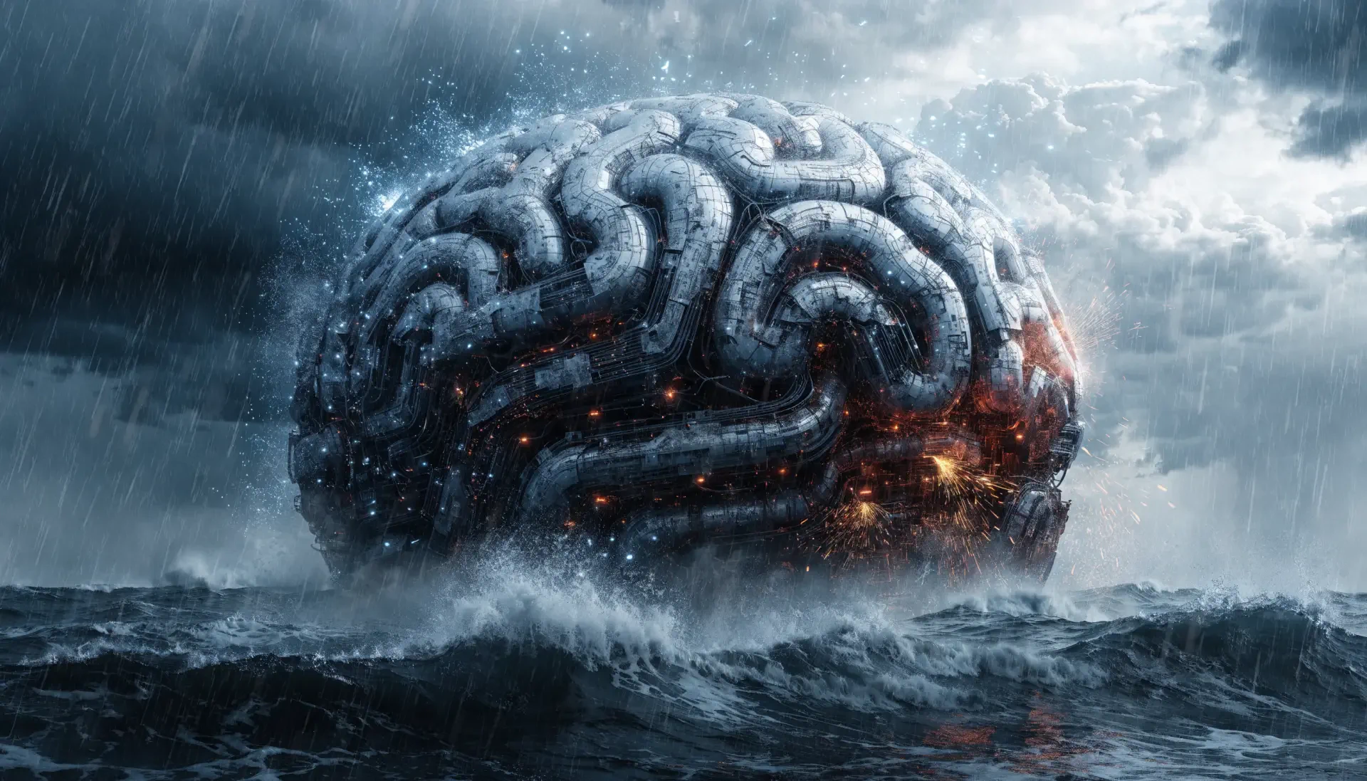 2K Quad HD PC desktop wallpaper/background: a colossal brain-shaped island with glowing circuitry, lashed by stormy seas and lightning beneath a turbulent, cloud-filled sky.