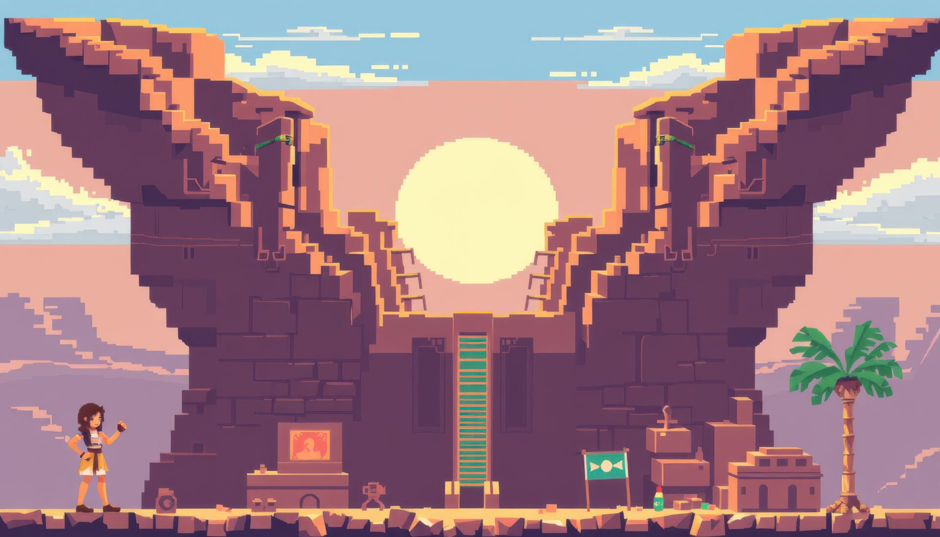 4K Ultra HD PC desktop wallpaper: pixel-art Egypt at sunset — sun framed by carved cliffs above a temple entrance with stairs, palm tree and tiny figures.