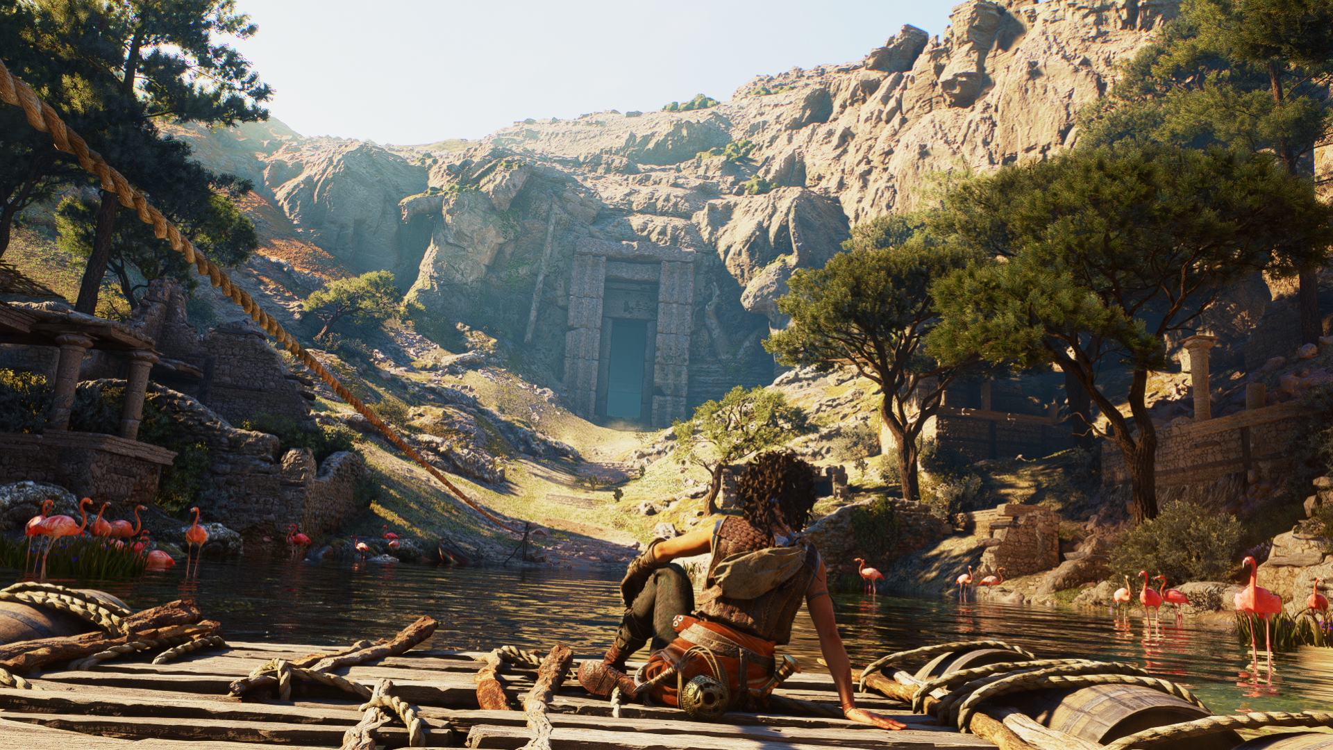 Resonance: A Plague Tale Legacy HD PC desktop wallpaper — a lone character sits on a raft in a sunlit valley, facing a carved stone gate set into a mountain.