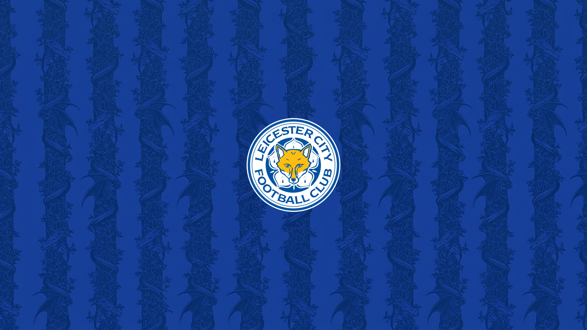 Centered Leicester City F.C. logo on a textured blue striped background — 2K Quad HD PC desktop wallpaper/background.