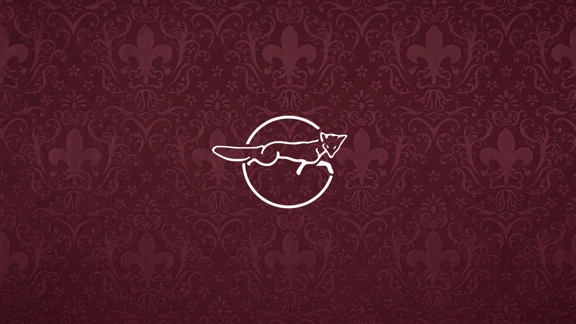 Maroon damask-pattern 2K Quad HD PC desktop wallpaper featuring a minimalist white Leicester City F.C. fox logo inside a circle.