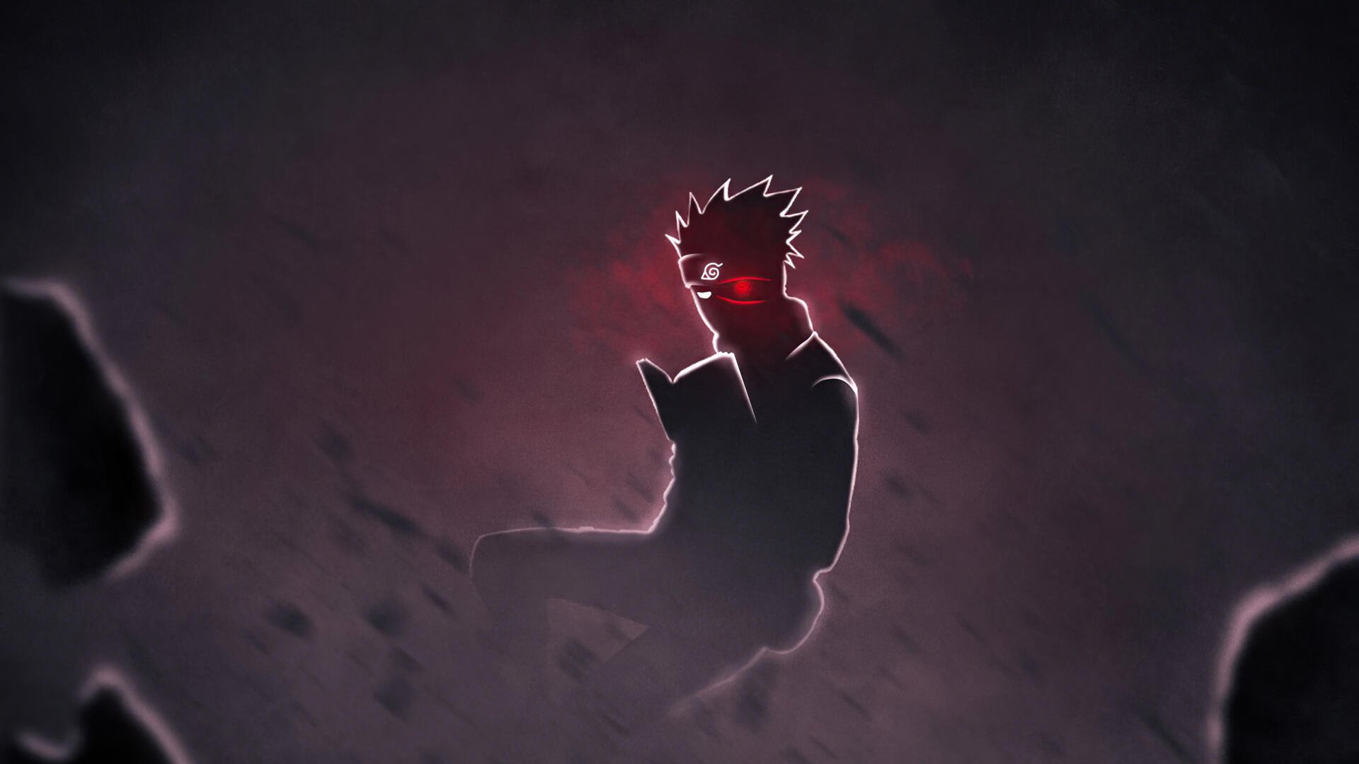 Kakashi Hatake silhouette with glowing red Sharingan in a smoky red-black scene — 4K Ultra HD Naruto PC desktop wallpaper and background