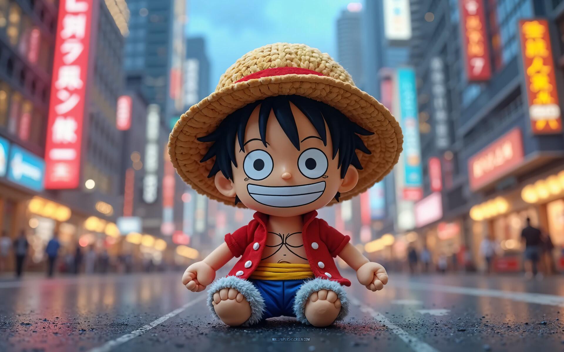 Monkey D. Luffy from One Piece in chibi form sits smiling on a wet, neon-lit city street wearing his straw hat — 4K Ultra HD PC desktop wallpaper background.