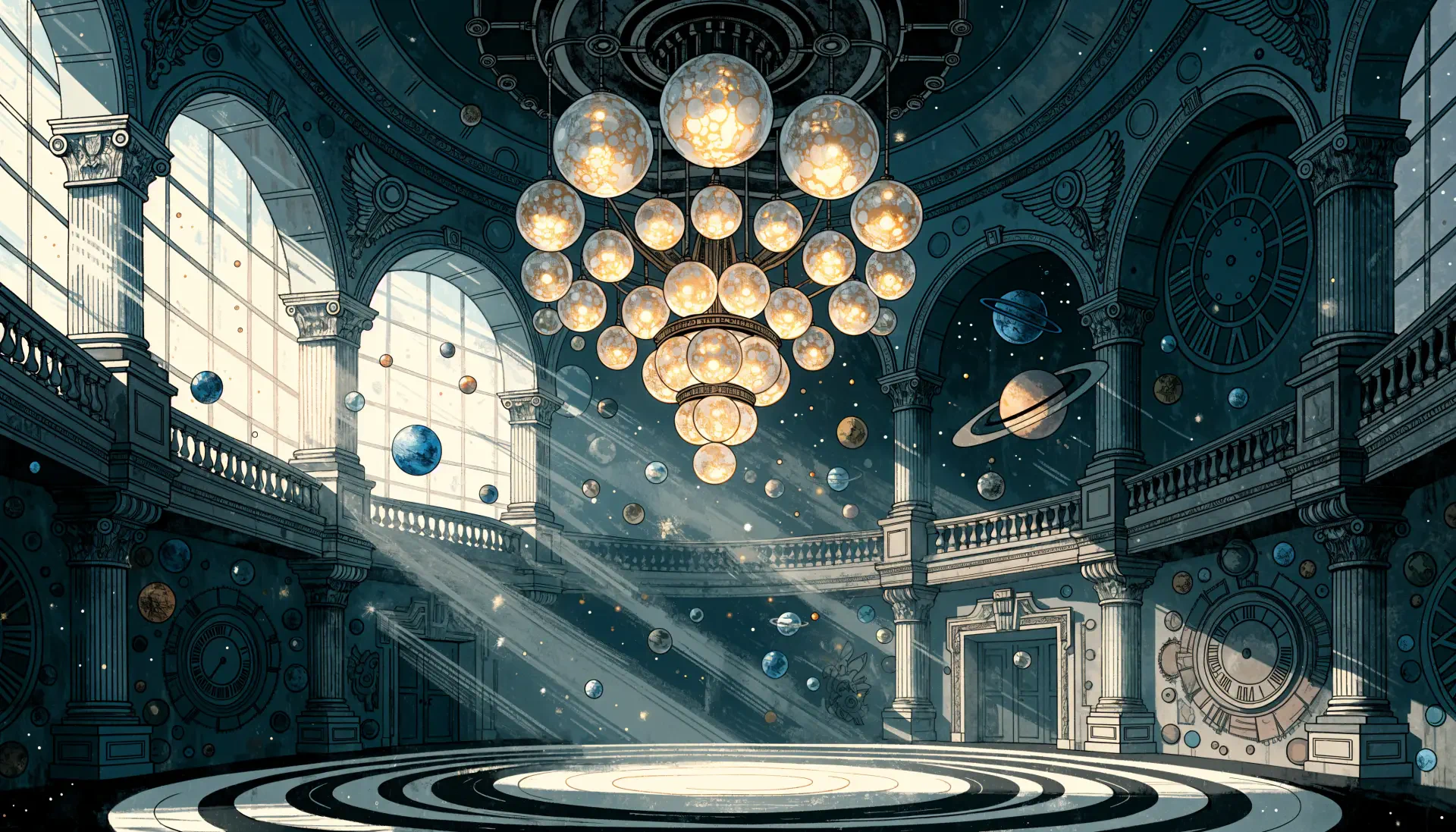 4K Ultra HD PC desktop wallpaper of a grand ballroom interior: sunlit marble hall with ornate chandelier, balconies, decorative columns and floating celestial orbs.