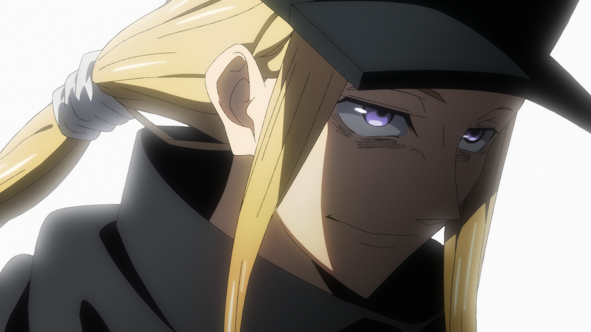 The Vermilion Mask anime character wearing a black hat, blond hair and purple eyes, smirking in high-contrast light. HD PC desktop wallpaper/background.