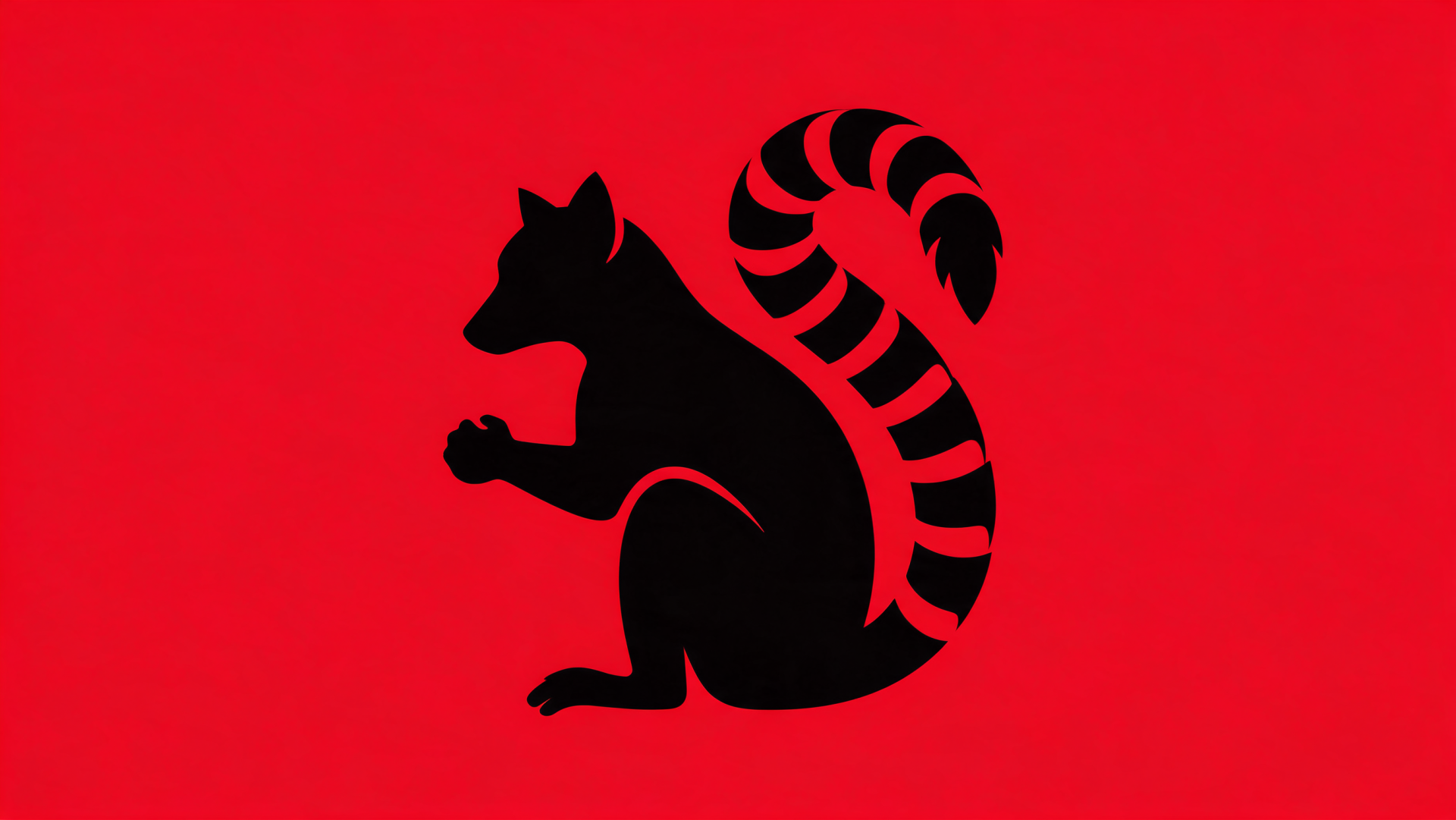 Black lemur-squirrel silhouette (animal) with a curled striped tail on bright red — 2K Quad HD PC desktop wallpaper/background.
