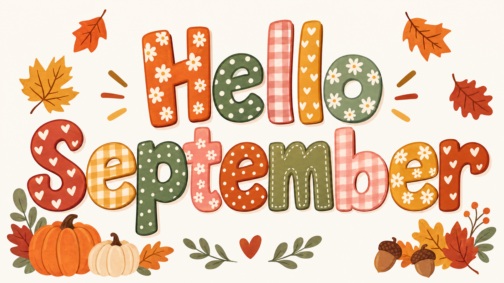 Whimsical Hello September lettering surrounded by pumpkins, autumn leaves and acorns — warm 4K Ultra HD PC desktop wallpaper/background celebrating September and the autumn season.