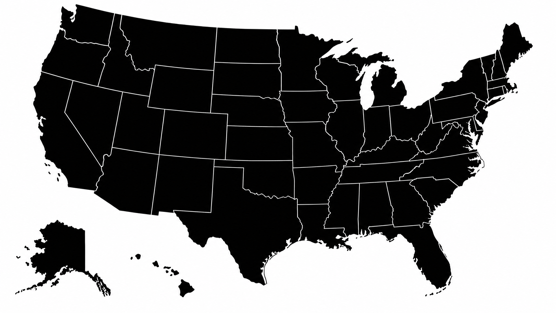 Black silhouette map of the United States with state boundaries and separated Alaska and Hawaii — 4K Ultra HD PC desktop wallpaper background.