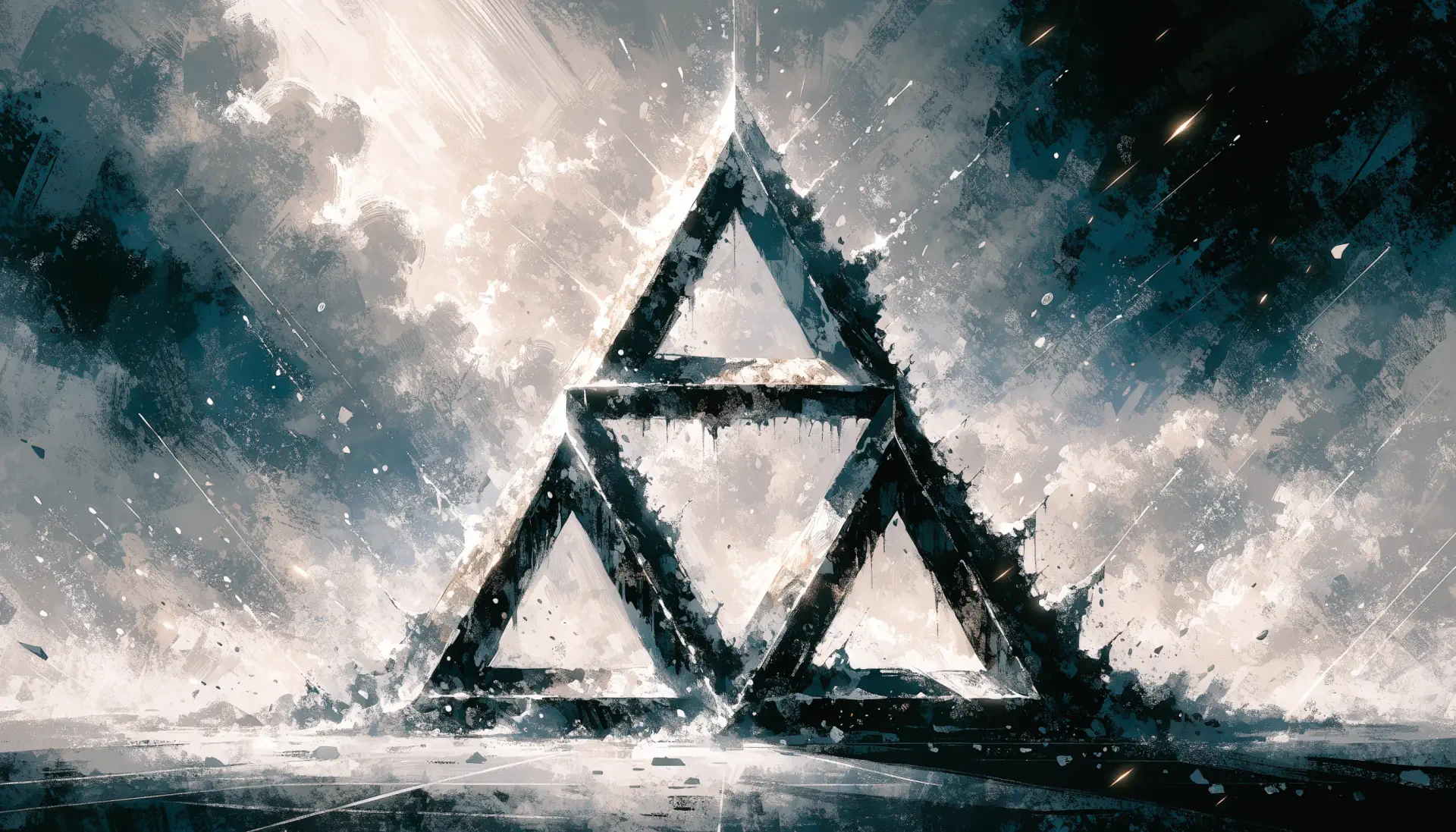 Abstract geometric Triforce triangle: three interlocked triangles rendered in stormy textures on a 2K Quad HD PC desktop wallpaper background.