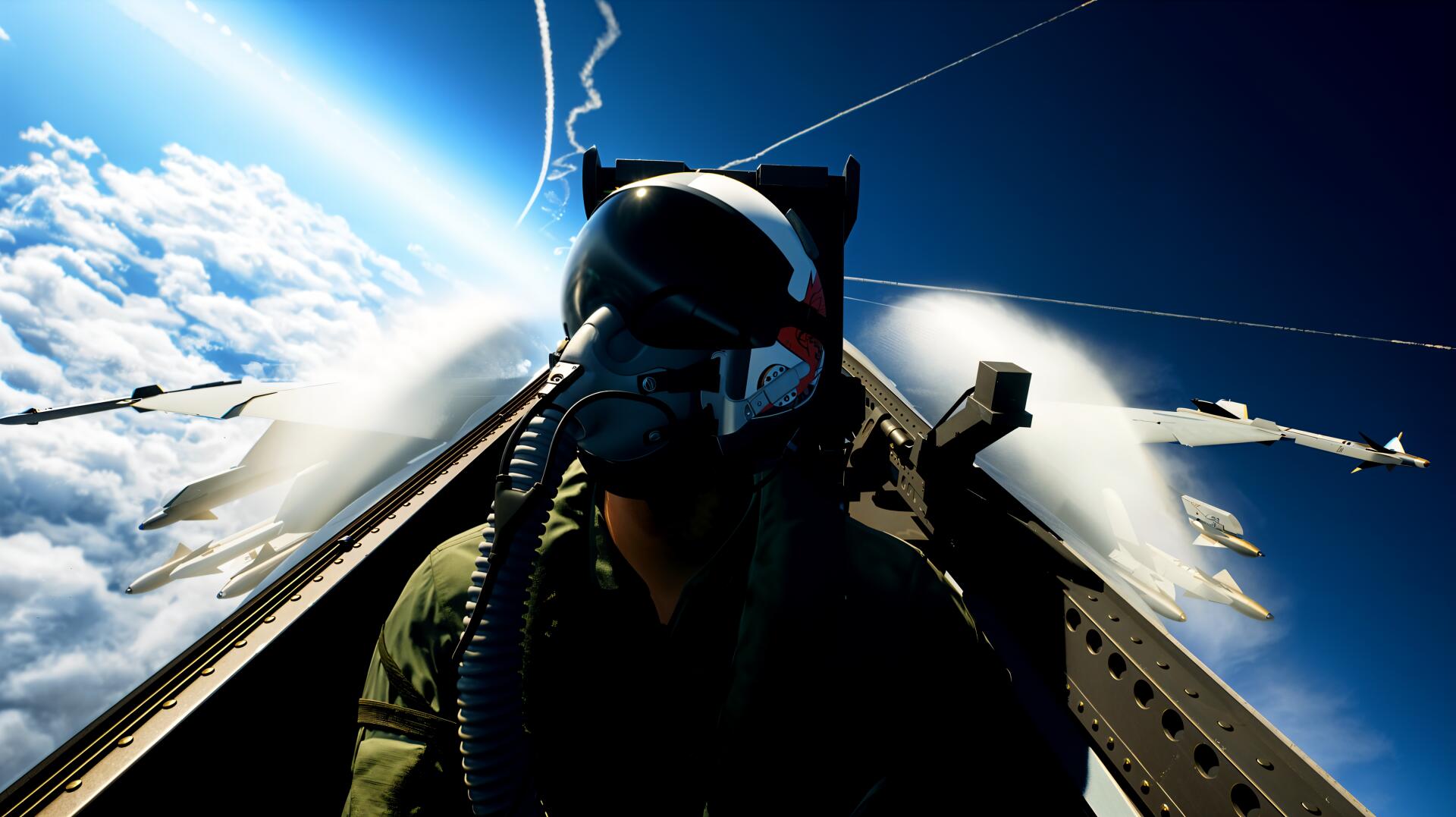 Ace Combat 8 Wings of Theve 4K Ultra HD PC wallpaper/background: cockpit view of a jet fighter pilot with clouds and contrails outside.