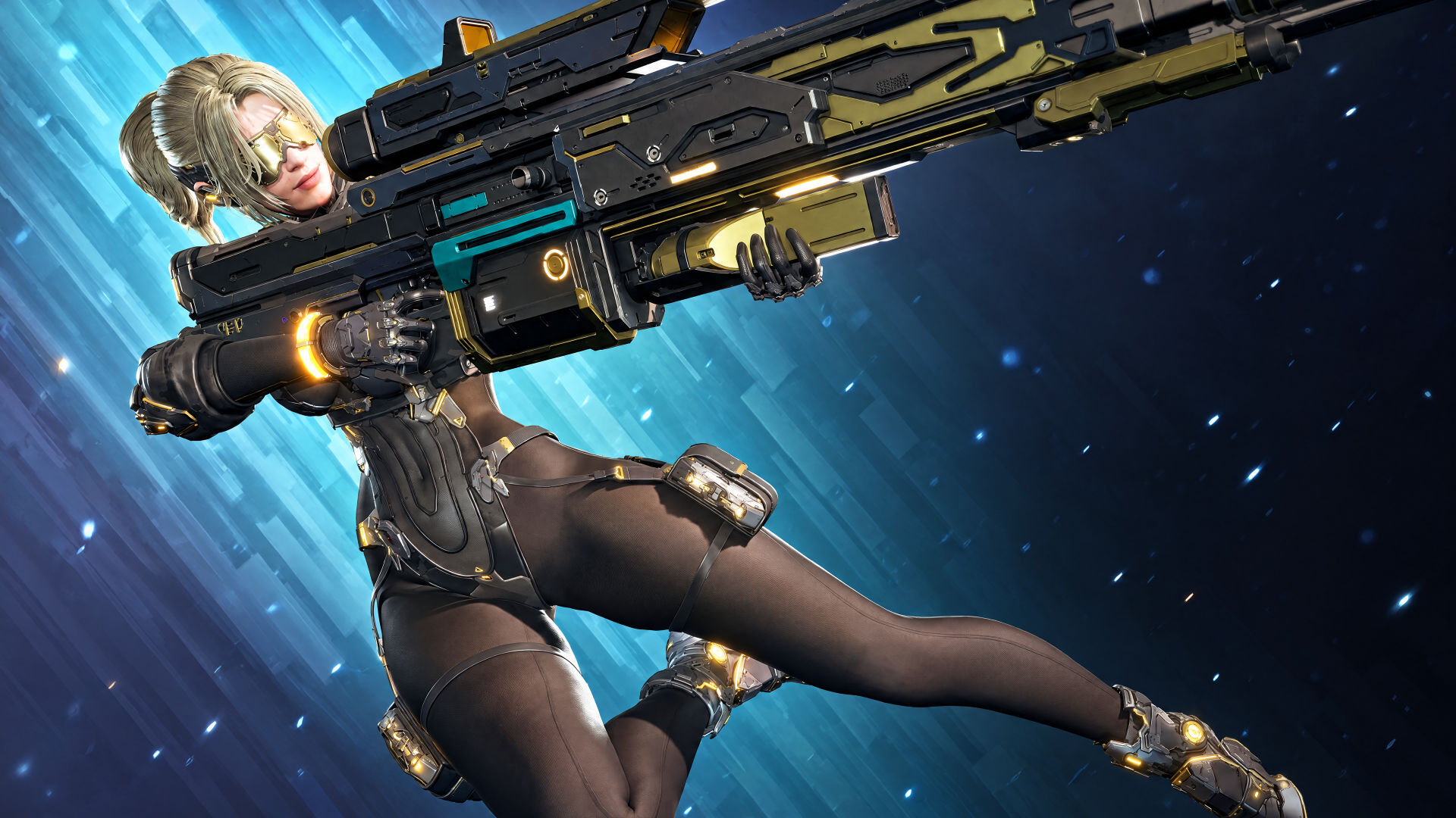 4K Ultra HD PC wallpaper: The First Descendant — blonde sci‑fi woman in a tactical suit aims a futuristic rifle against a starry blue backdrop.