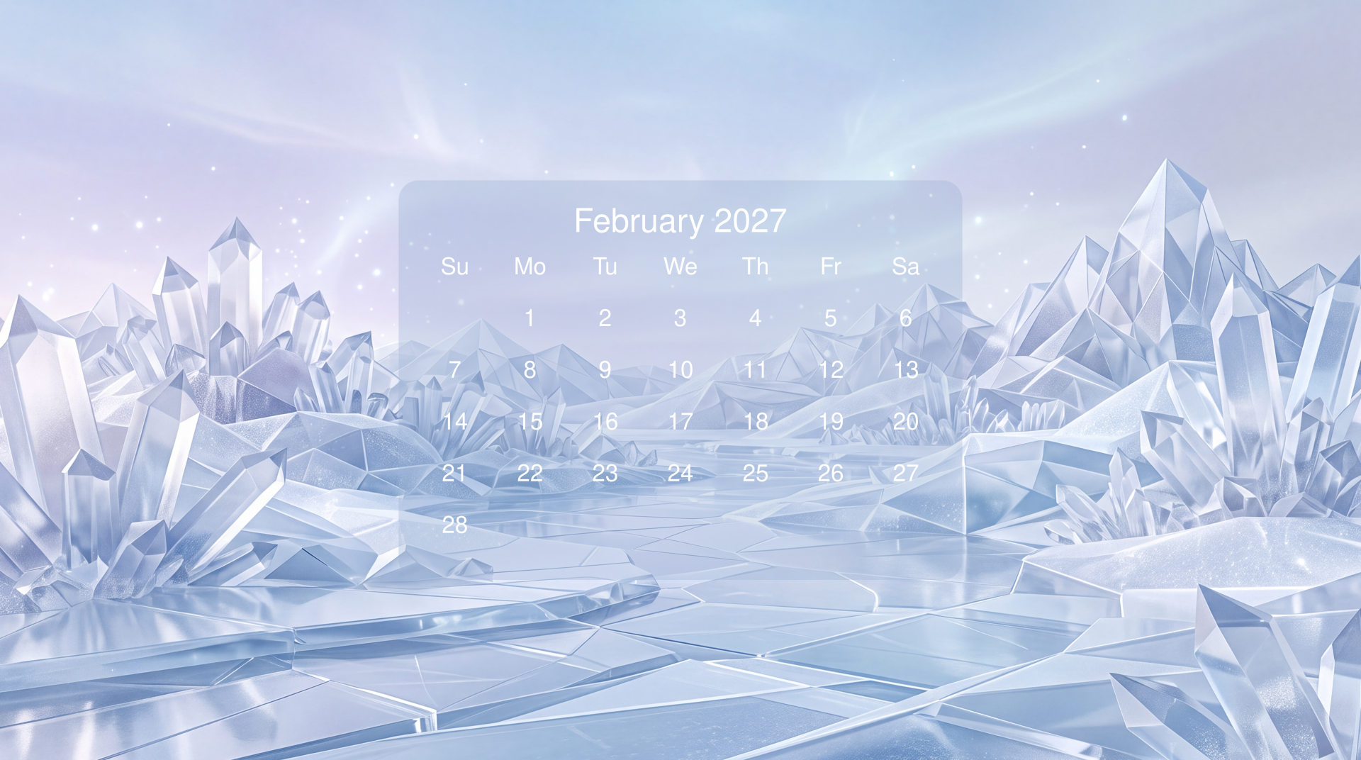 February 2027 calendar overlaid on a 5K Ultra HD PC desktop wallpaper of a frozen crystal winter landscape with sparkling ice peaks and a mirrored icy floor.
