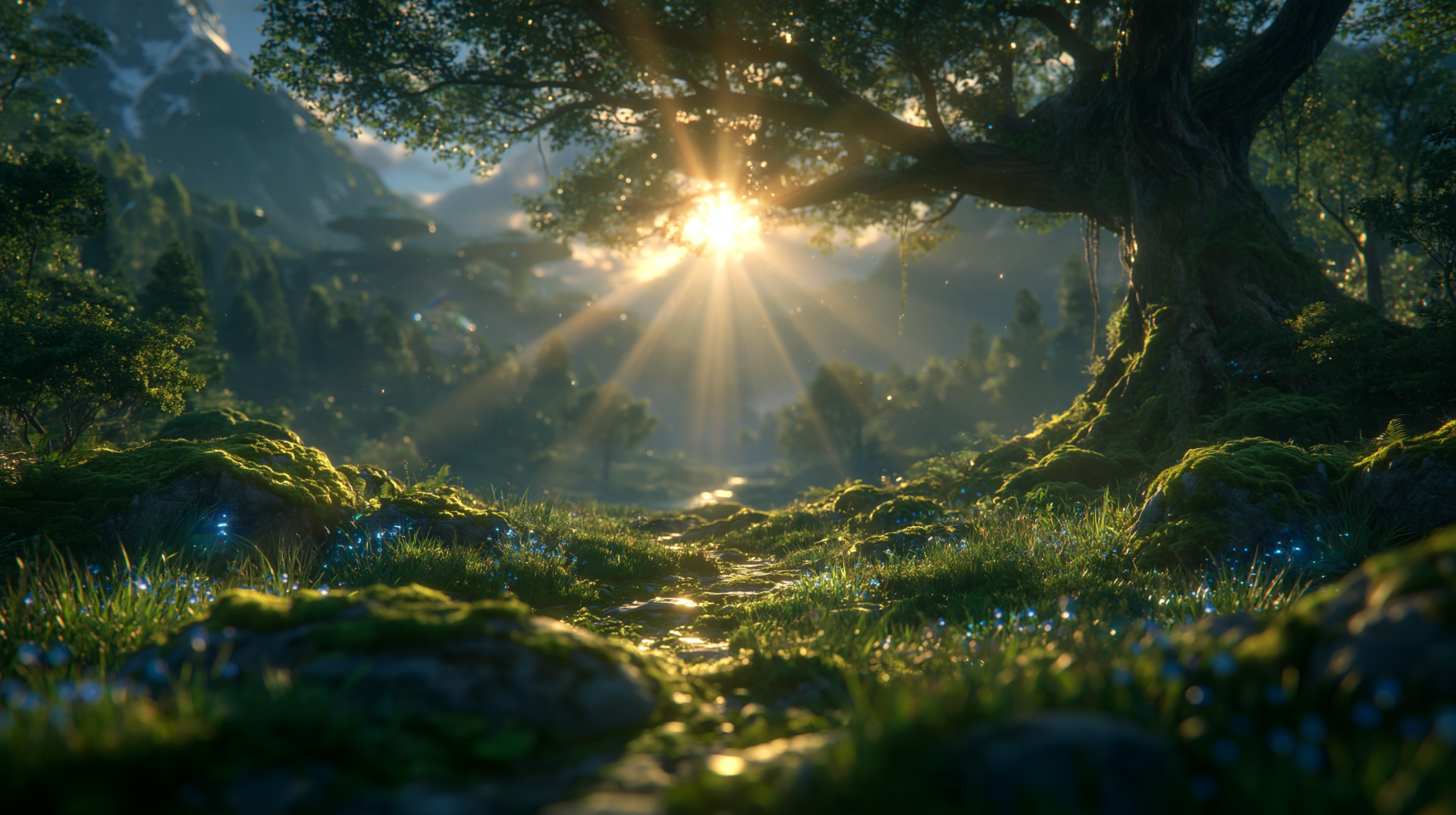 AI art 2K Quad HD PC desktop wallpaper: fantasy sci‑fi sunbeams pierce an ancient mossy forest, glowing blue sprites among roots.