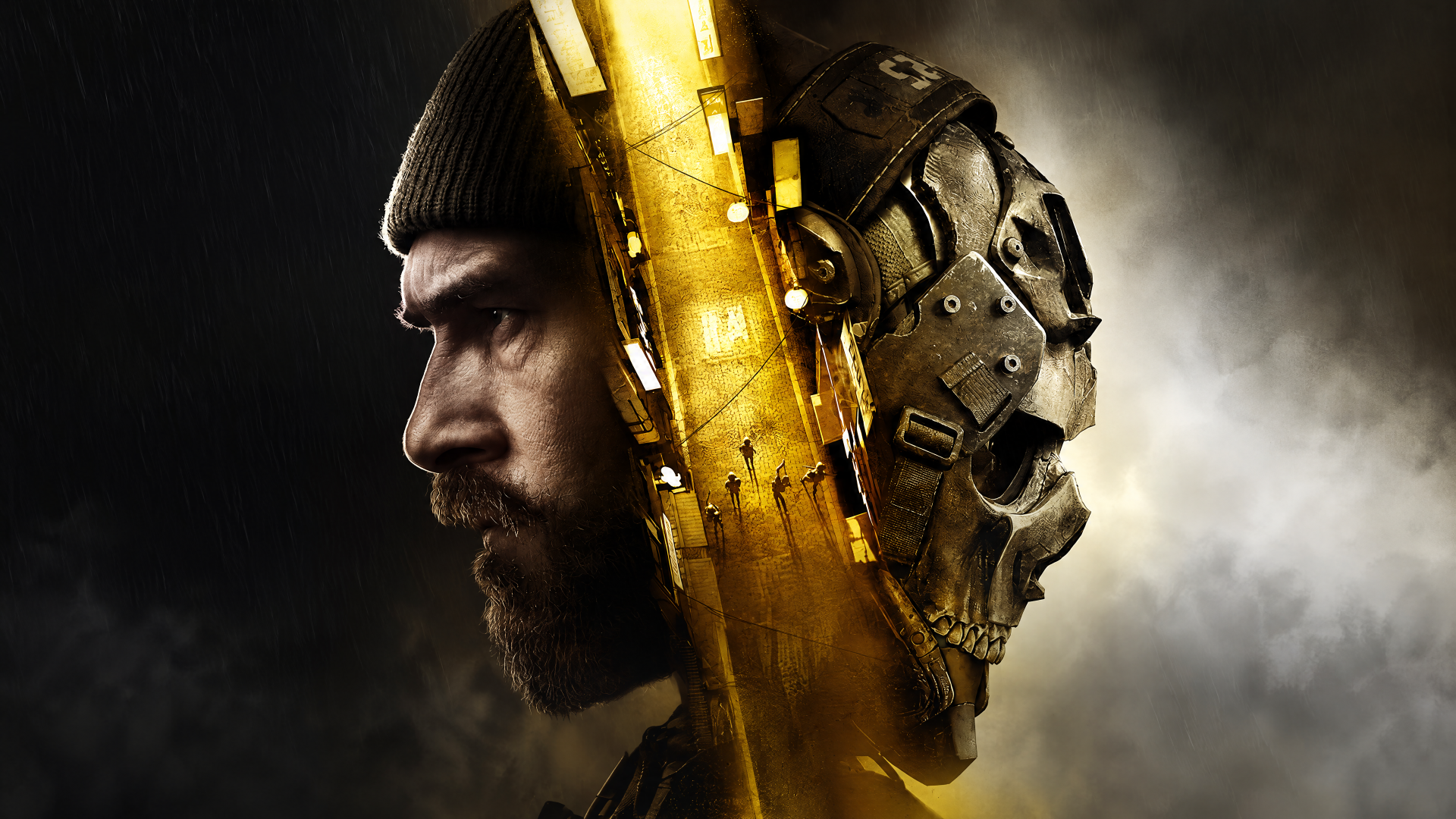 4K Ultra HD PC wallpaper of Call of Duty: Modern Warfare 4 — Captain Price profile merged with a skull-faced soldier; bearded man in helmet, gold accents and smoke