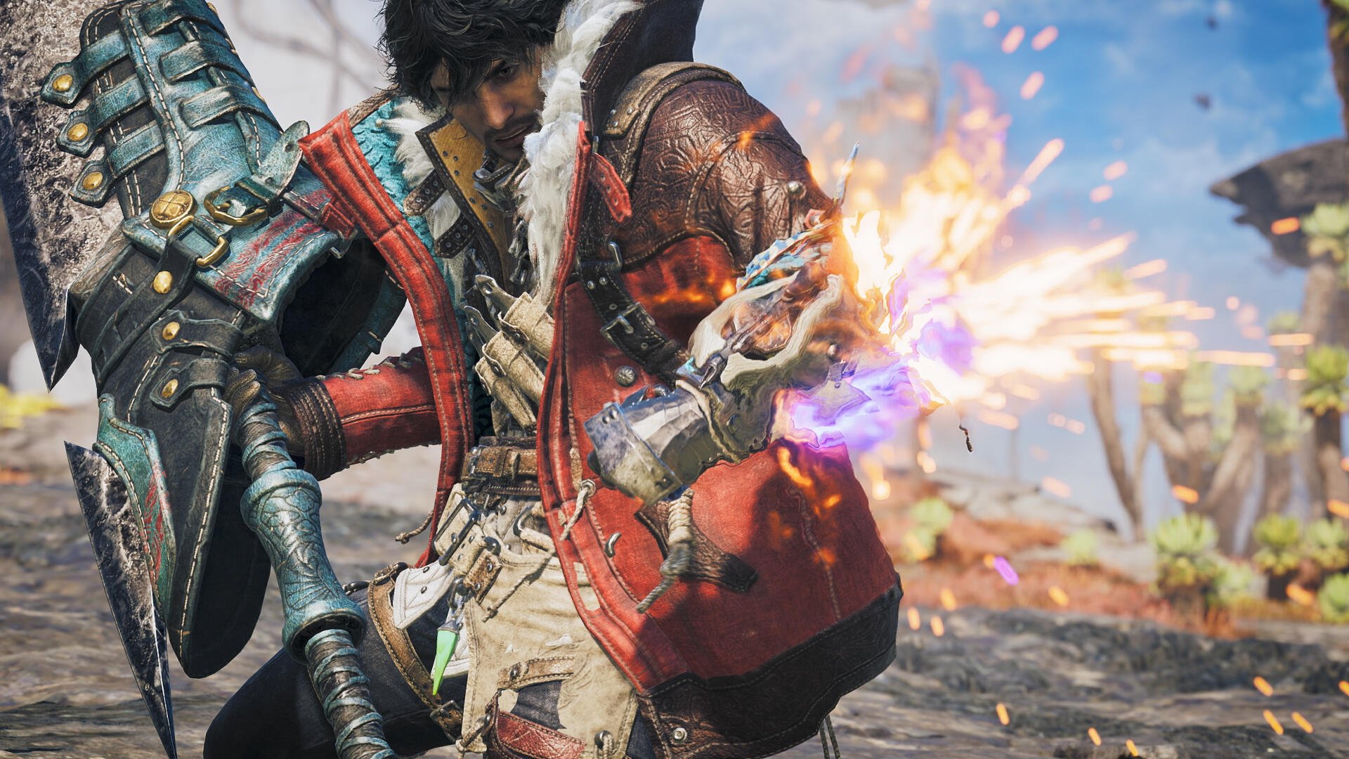 Monster Hunter Wilds Ascendance scene: armored warrior in detailed battle armor fires a glowing blast from a gauntlet amid sparks — 4K Ultra HD PC desktop wallpaper/background.
