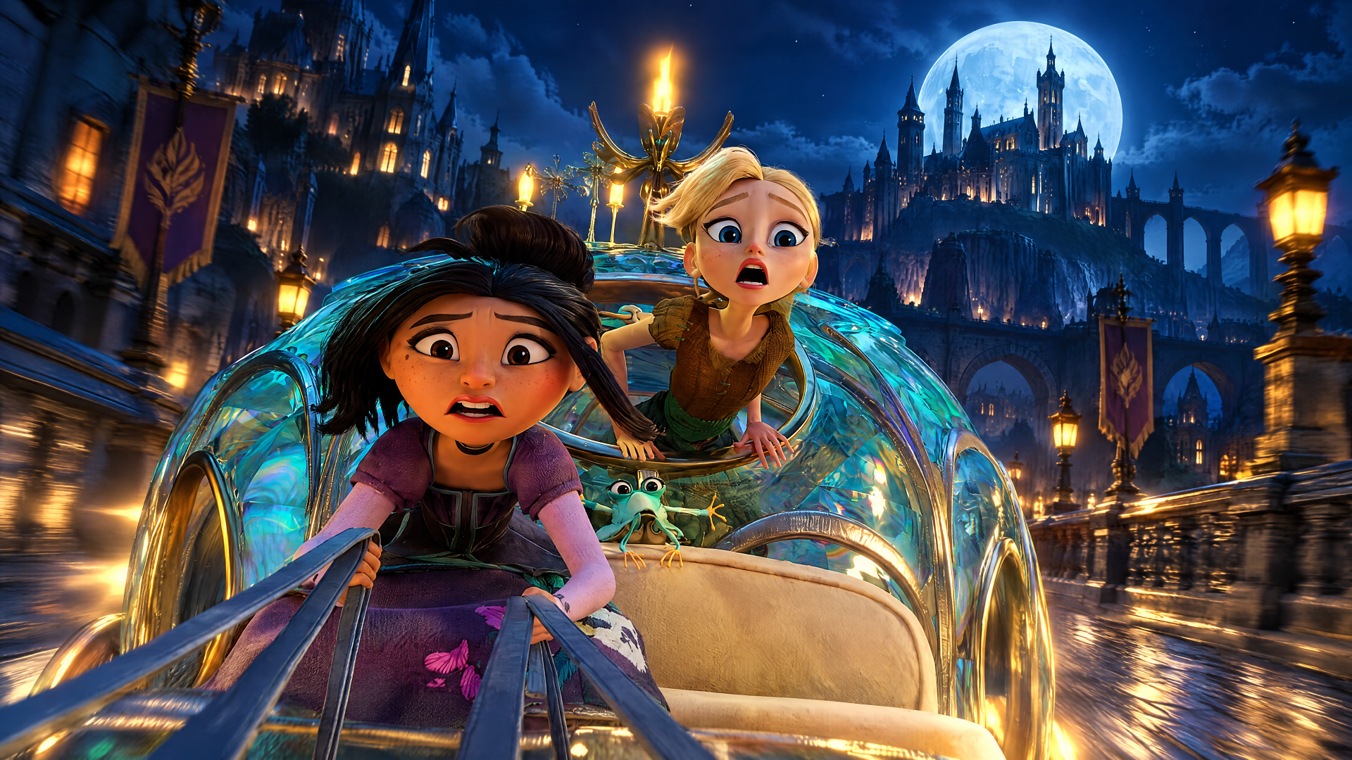 Steps (2026) 4K Ultra HD PC wallpaper: two girls in a glowing carriage racing through a moonlit, lantern-lit city toward a distant castle, faces full of surprise.