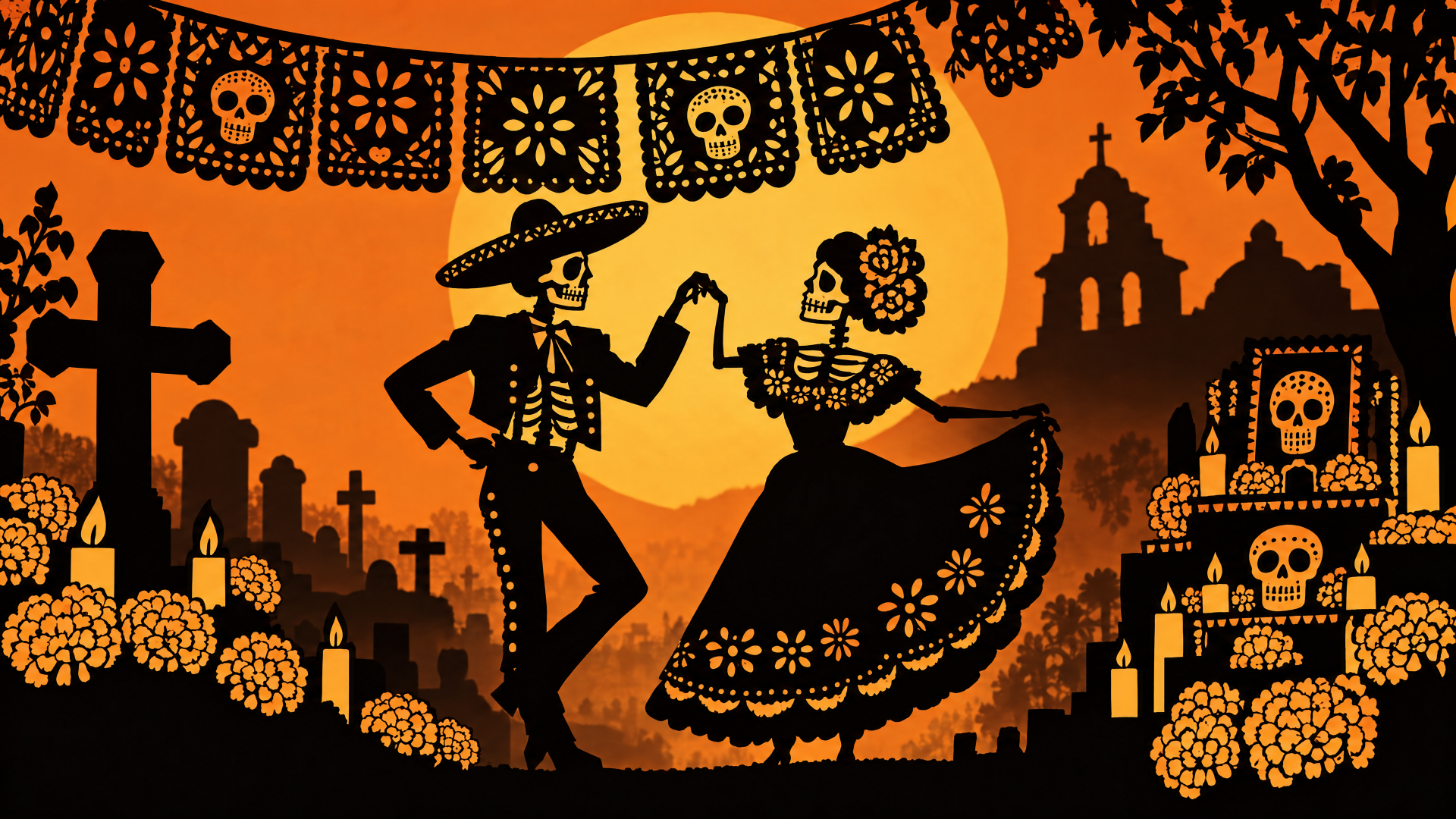 4K Ultra HD PC desktop wallpaper background: Day of the Dead dancing skeleton couple with skull motifs, marigolds, candles and altars in a silhouetted graveyard at sunset.