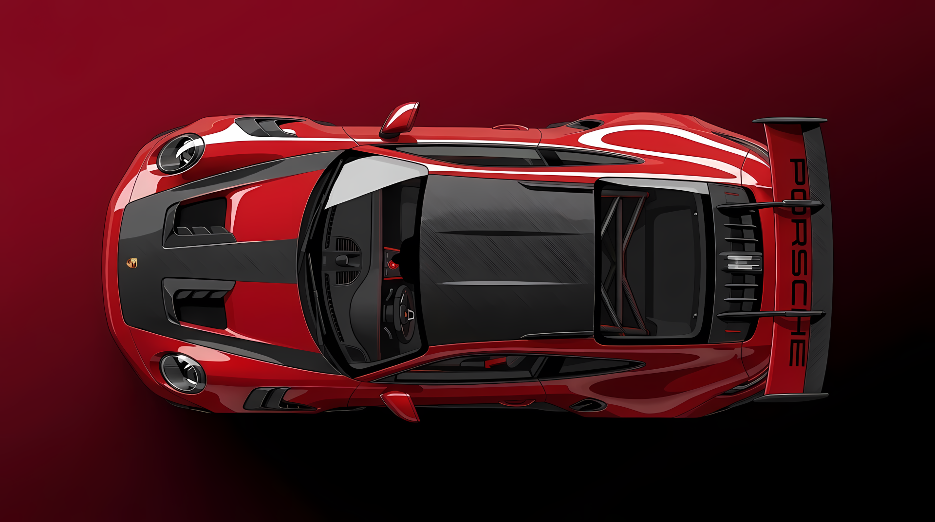 Top-down view of a red Porsche GT3 RS supercar on a deep red backdrop — 4K Ultra HD PC desktop wallpaper and background.