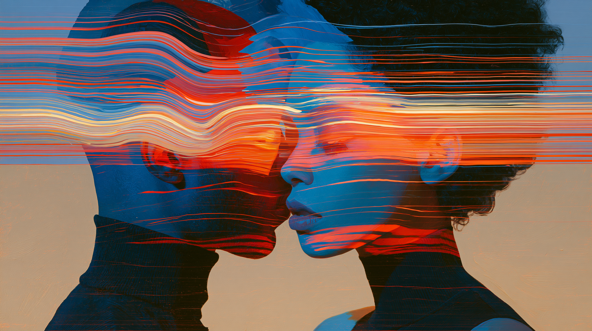 2K Quad HD PC desktop wallpaper and background: abstract portrait of a couple in profile, faces close, vivid horizontal color streaks blending into a luminous expression of love.