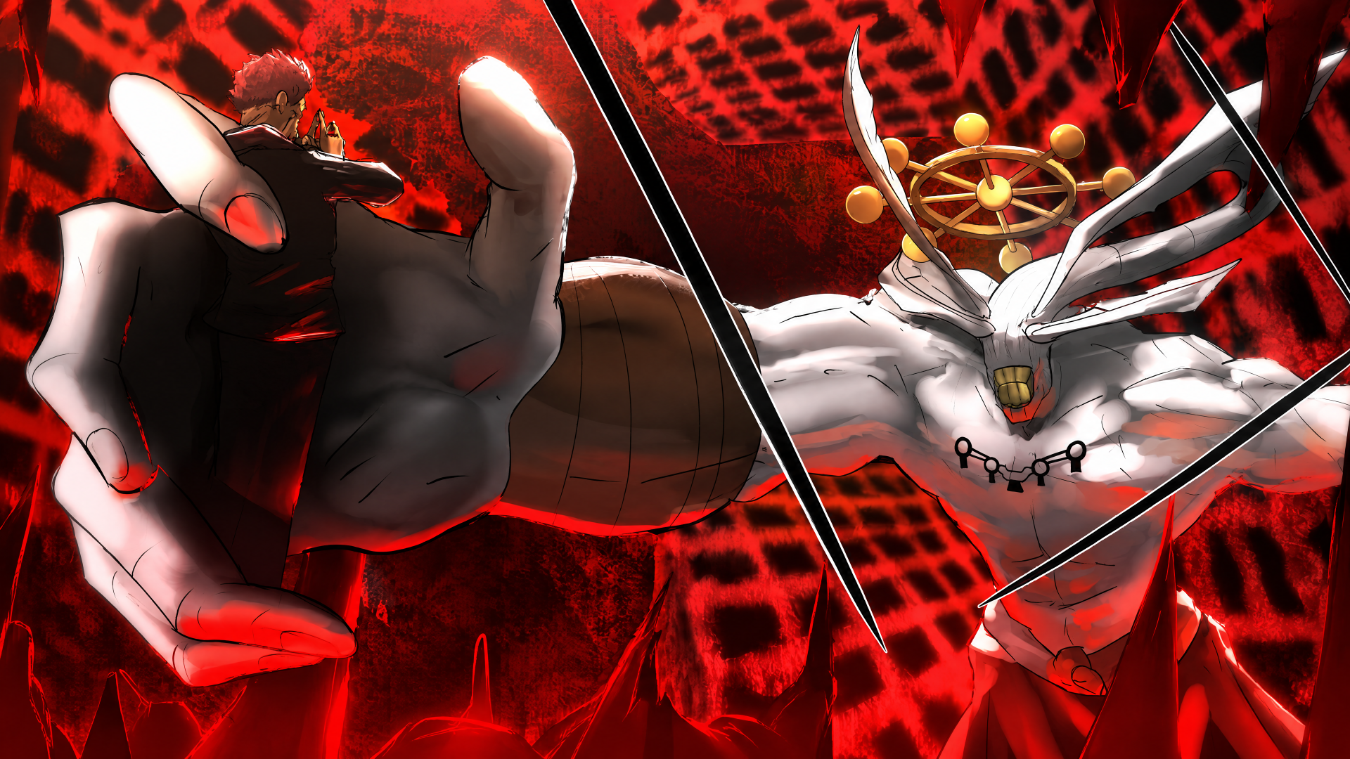 4K Ultra HD PC wallpaper of Jujutsu Kaisen anime: Sukuna and the Mahoraga clash in dynamic poses against a red, webbed energy backdrop with a sharp diagonal split.