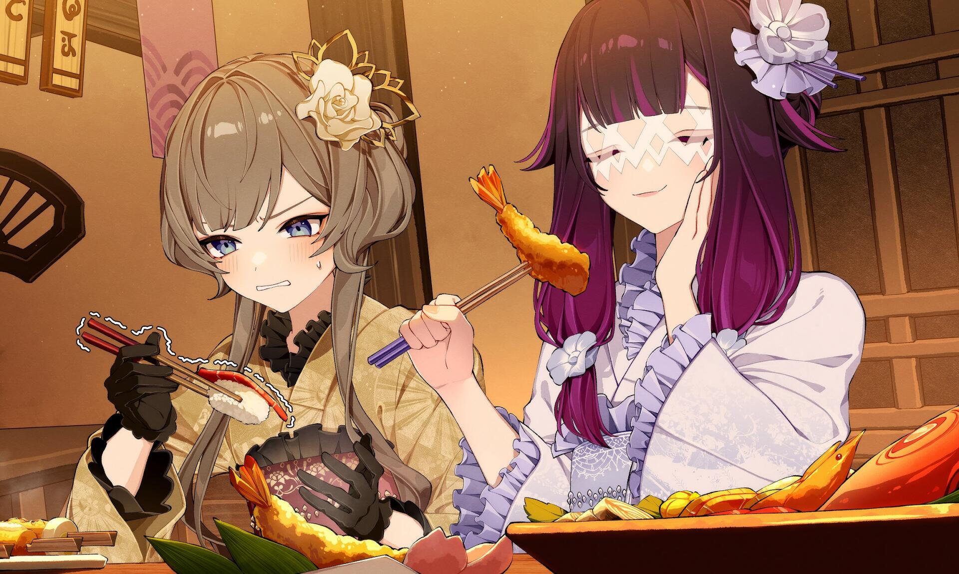 HD PC wallpaper of Genshin Impact characters Sandrone and Columbina sharing a meal at a wooden table, eating skewers and noodles under warm, cozy tavern lighting.