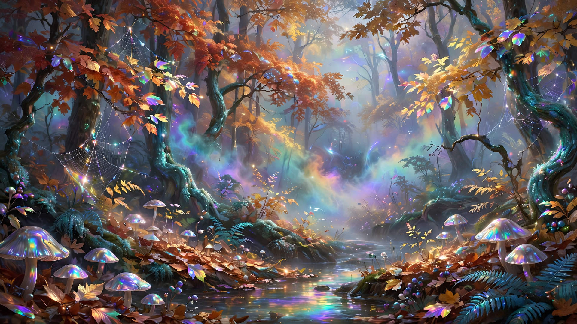 HD PC desktop wallpaper of an autumn fall forest: glowing mushrooms beside a misty stream, vibrant leaves and rainbow light filtering through trees.