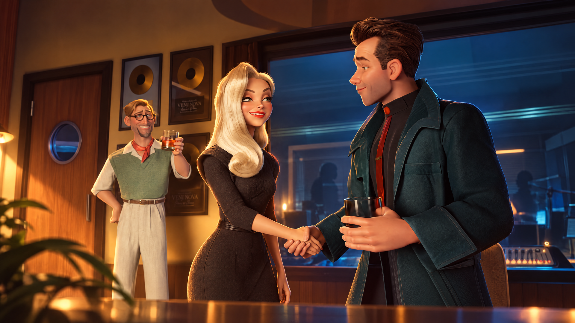4K Ultra HD PC wallpaper: Ray Gunn-style hero shakes hands with a glamorous blonde actress-like woman in a retro bar while a man raises a toast.