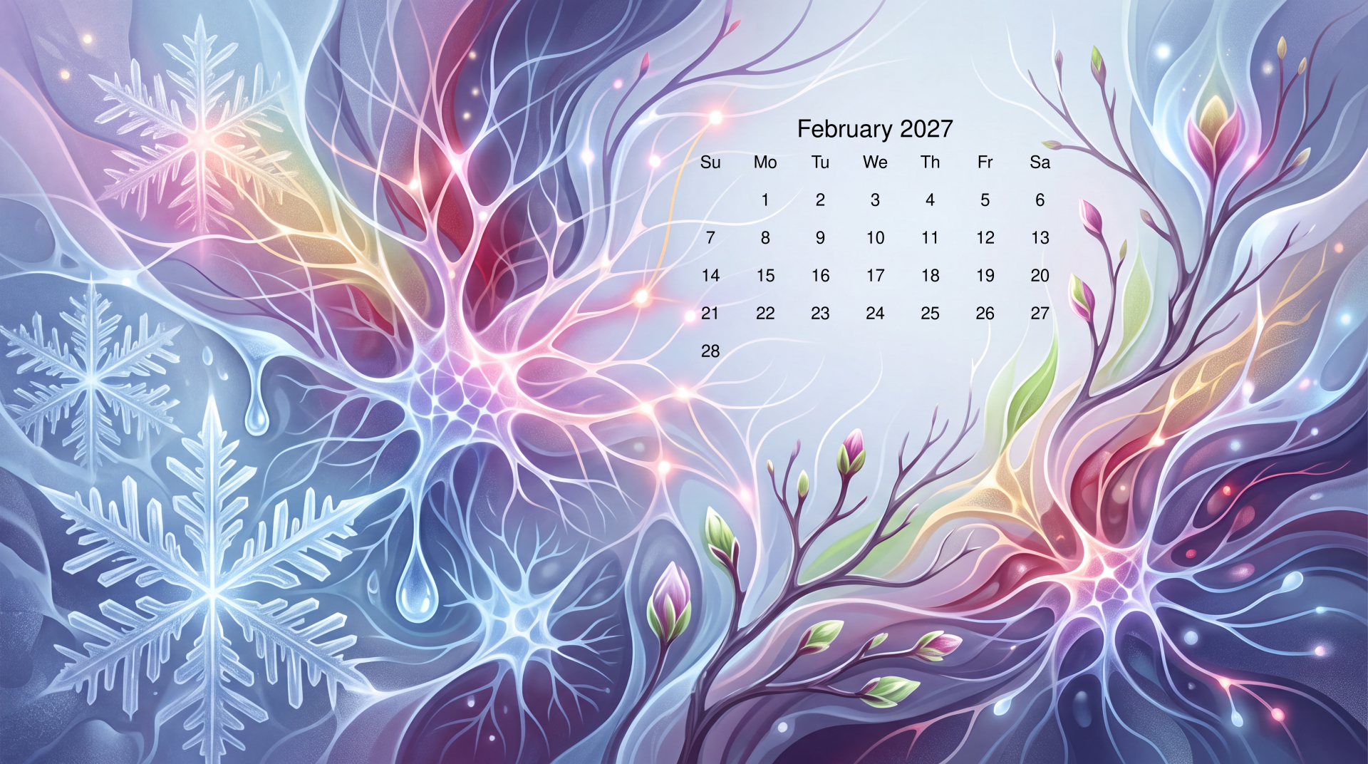 February 2027 calendar over a luminous winter floral abstract with snowflake motif, rendered as a 5K Ultra HD PC desktop wallpaper/background.