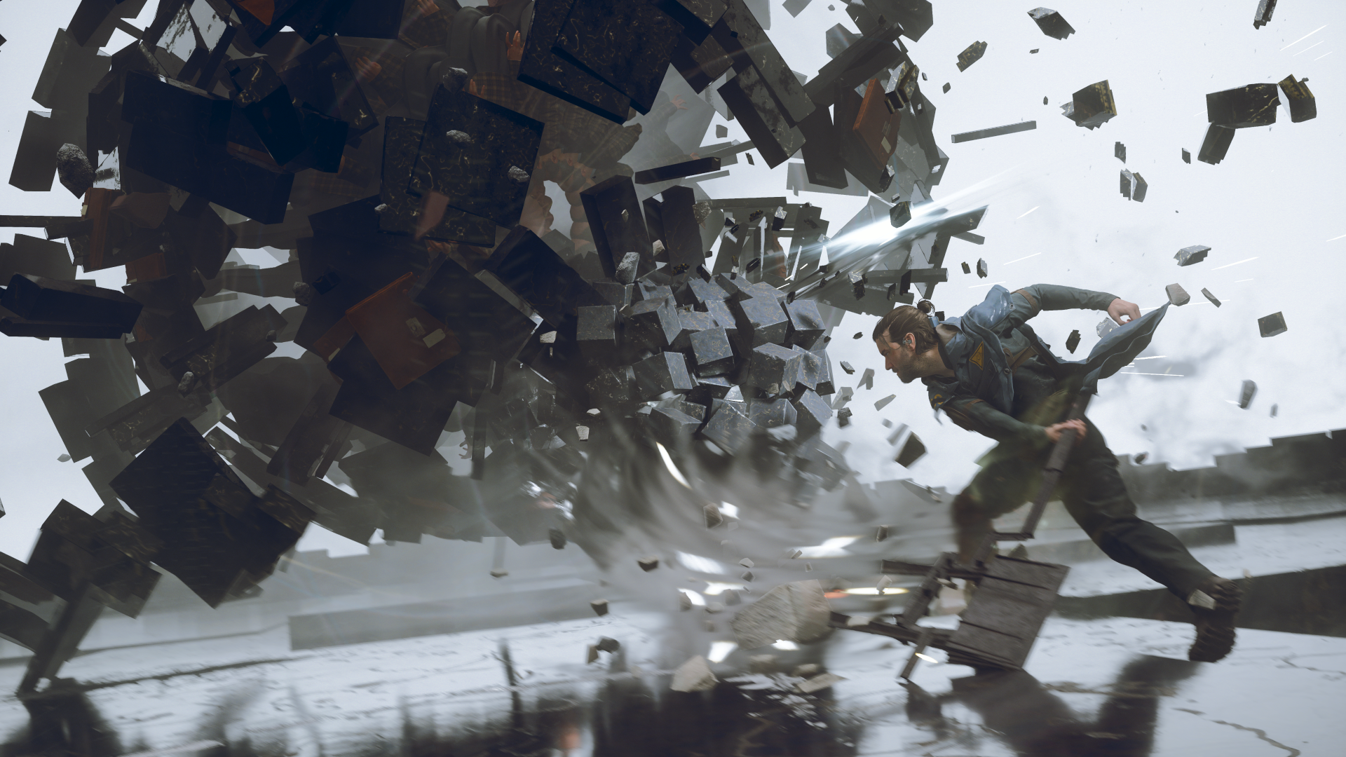 Control Resonant — Dylan Faden blasted backward amid a violent explosion, shards and debris swirling in a high-detail action scene rendered for a 4K Ultra HD PC desktop wallpaper.