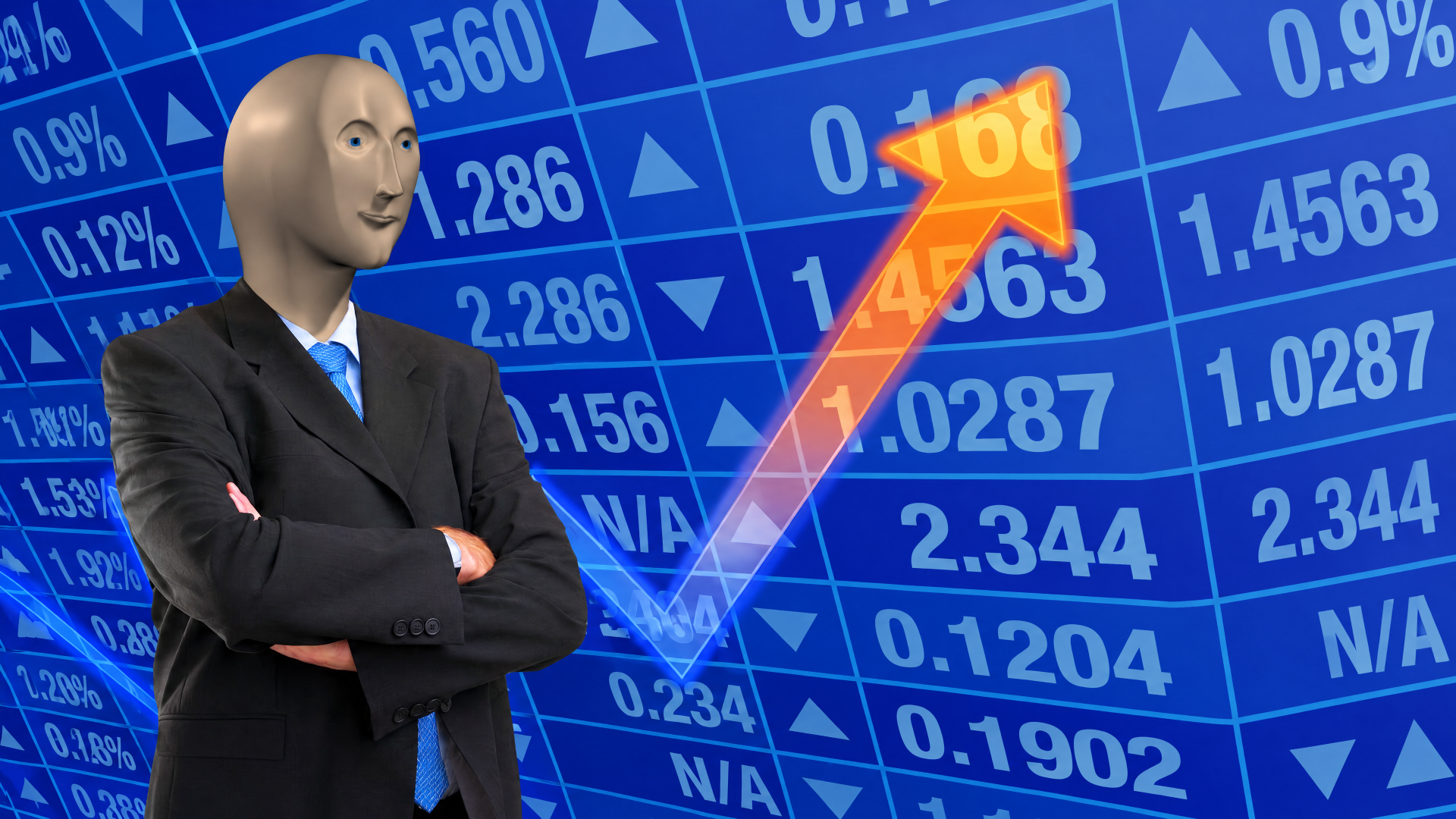 4K Ultra HD PC desktop wallpaper/background showing the Stonks meme businessman in a suit with arms crossed over a blue stock market ticker and rising orange arrow, business finance.