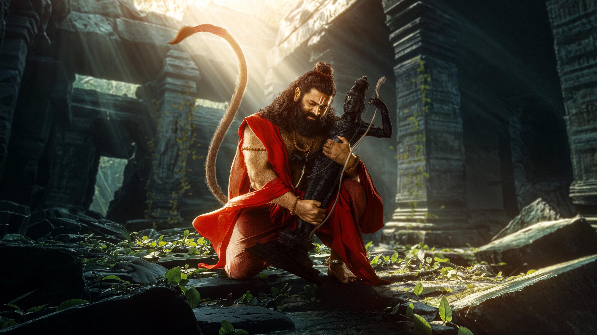 4K PC wallpaper of Lord Hanuman kneeling amid ancient ruins, red cloak and mace, fierce warrior pose — Jai Hanuman, cinematic sunlit textures.
