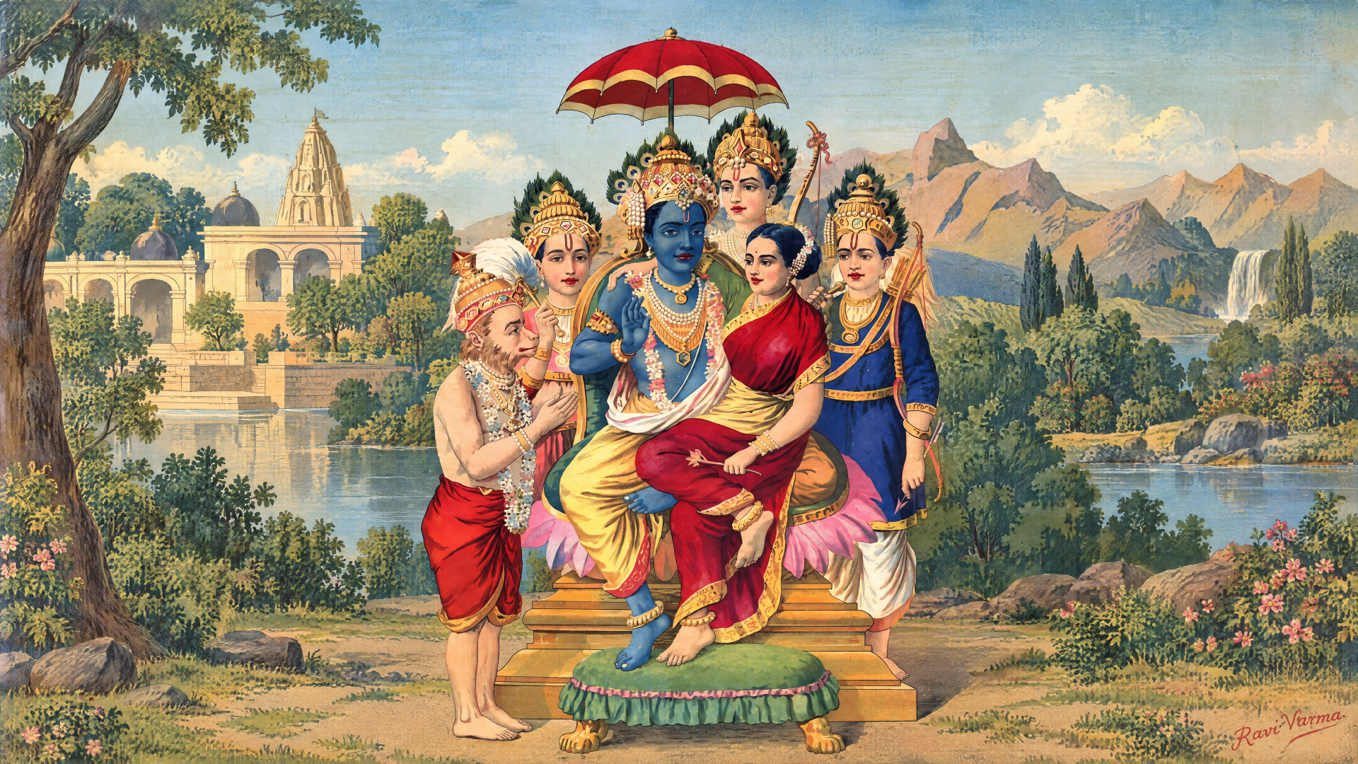 4K Ultra HD painting of Hindu deities: Lord Ram and Sita seated with Hanuman and Krishna among attendants, ornate temple and mountain landscape — PC desktop wallpaper.