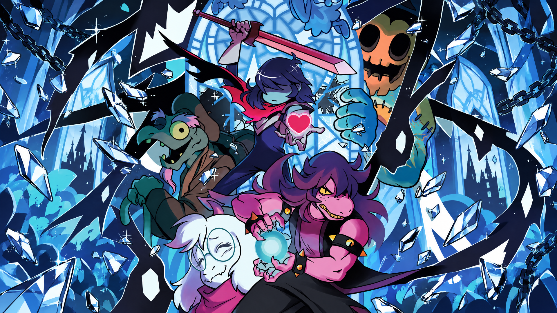 4K Ultra HD PC desktop wallpaper — anime-style Deltarune scene with Kris and Susie front and center, allies behind them amid jagged ice-blue shards and dramatic, high-contrast colors.