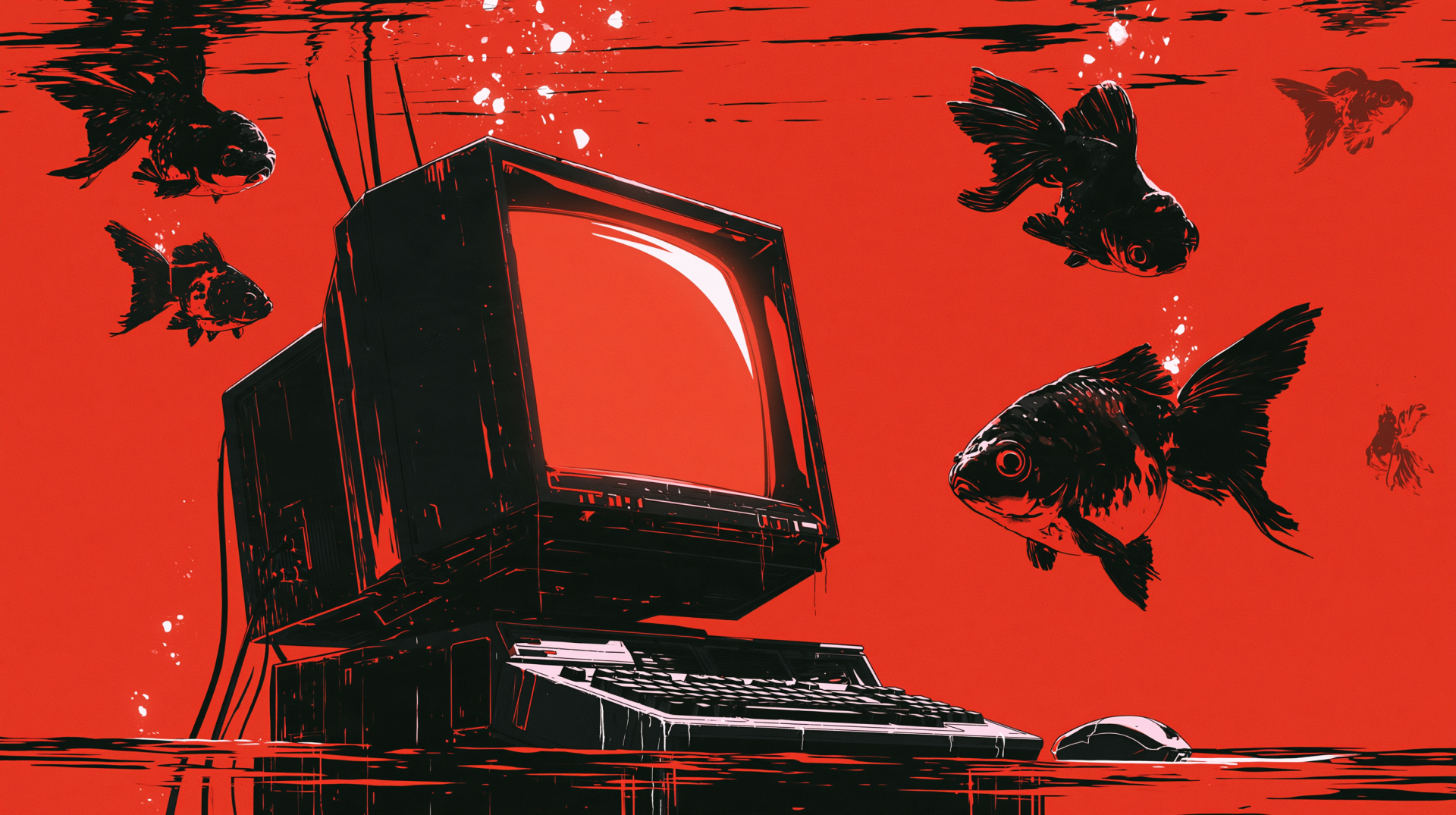 2K Quad HD PC desktop wallpaper: a vintage CRT computer submerged underwater, black goldfish circling against a vivid red backdrop.
