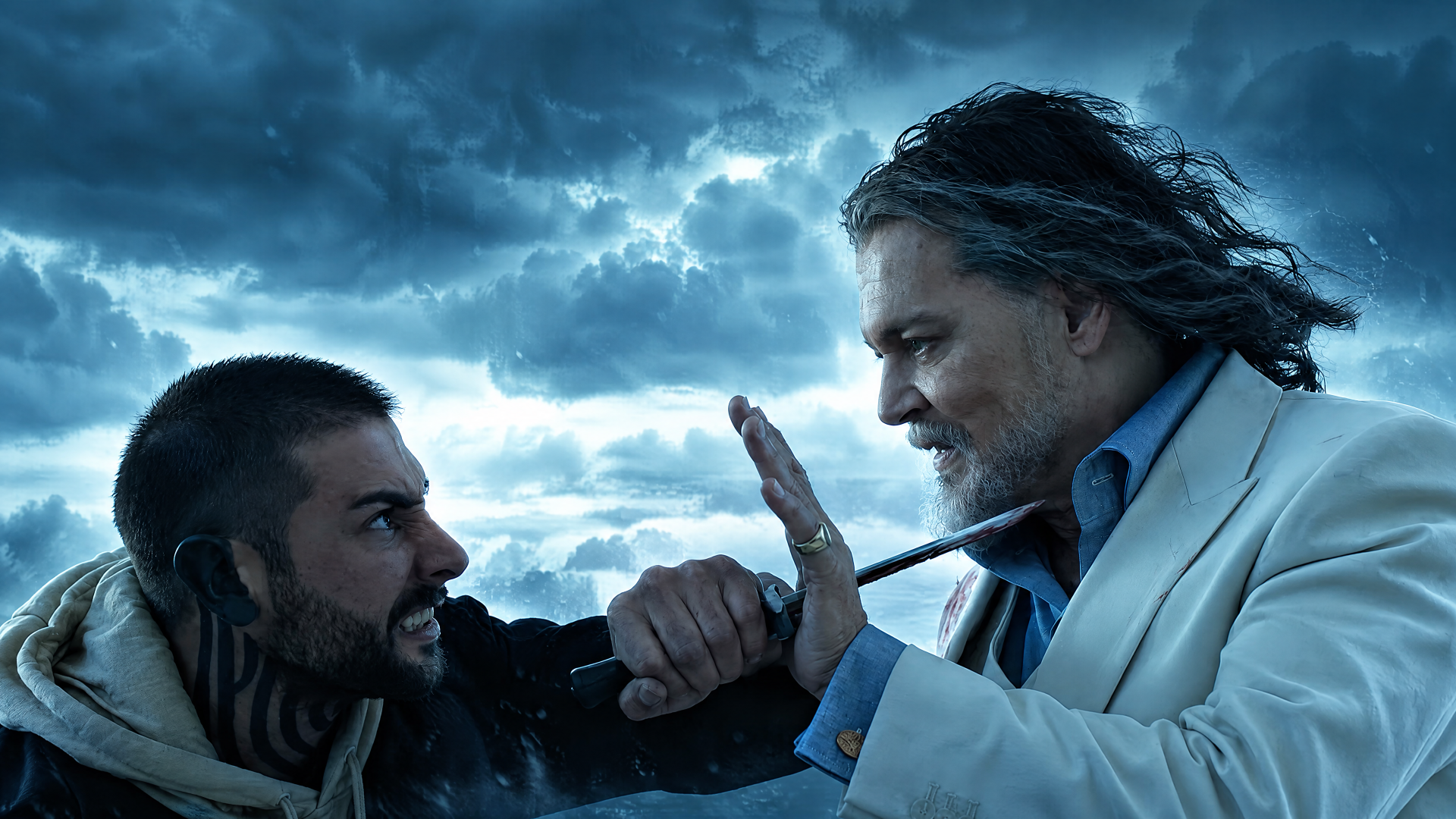 4K Ultra HD PC desktop wallpaper Day Drinker: two men in a tense daylight fight, one gripping the other's collar beneath brooding storm clouds.