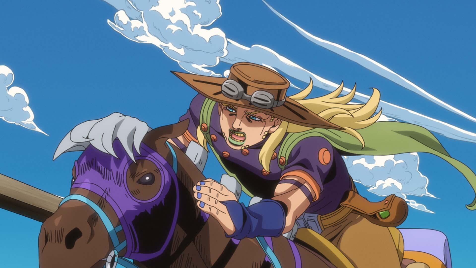 HD PC desktop wallpaper featuring Gyro Zeppeli from Steel Ball Run — anime rider racing on a galloping horse beneath a bright blue sky background.