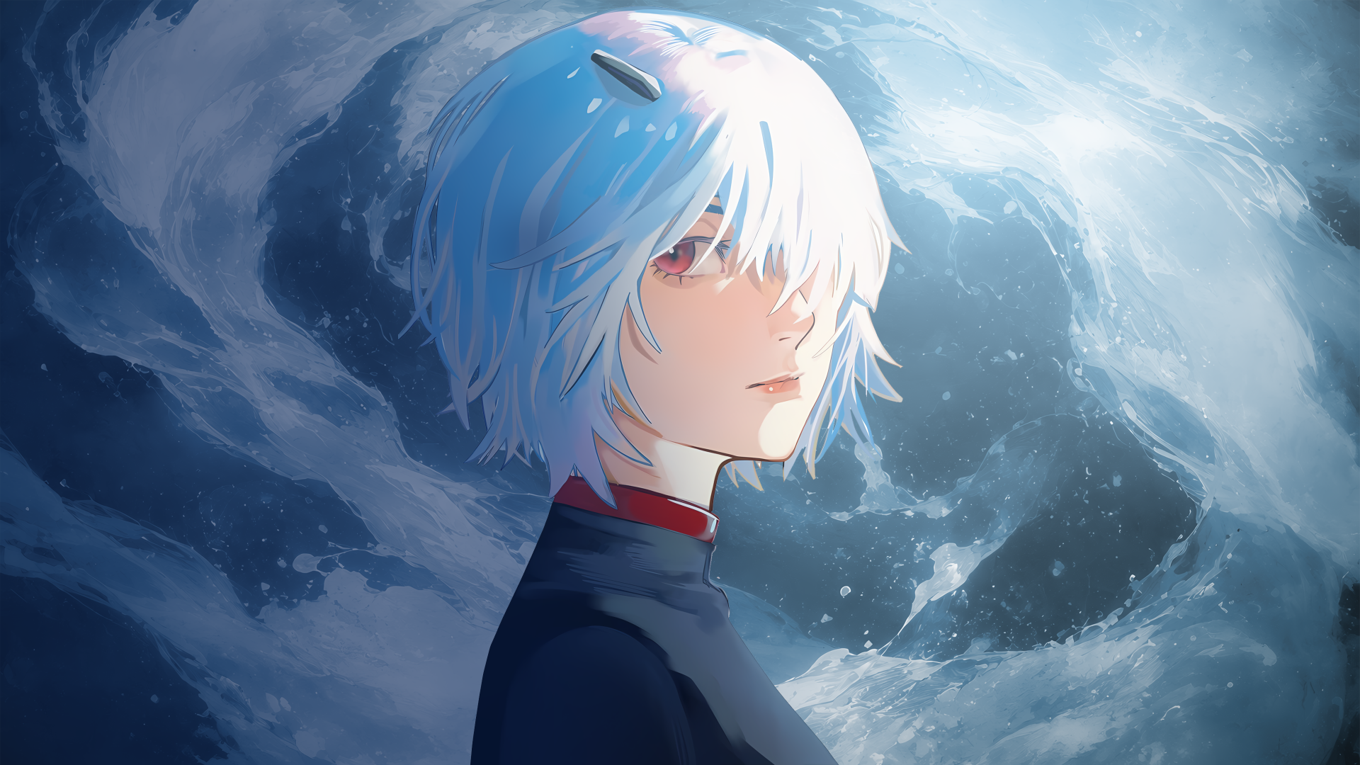 4K minimalist desktop wallpaper of Rei Ayanami (Neon Genesis Evangelion): pale-blue hair, distant gaze, dark uniform, swirling oceanic blue background.