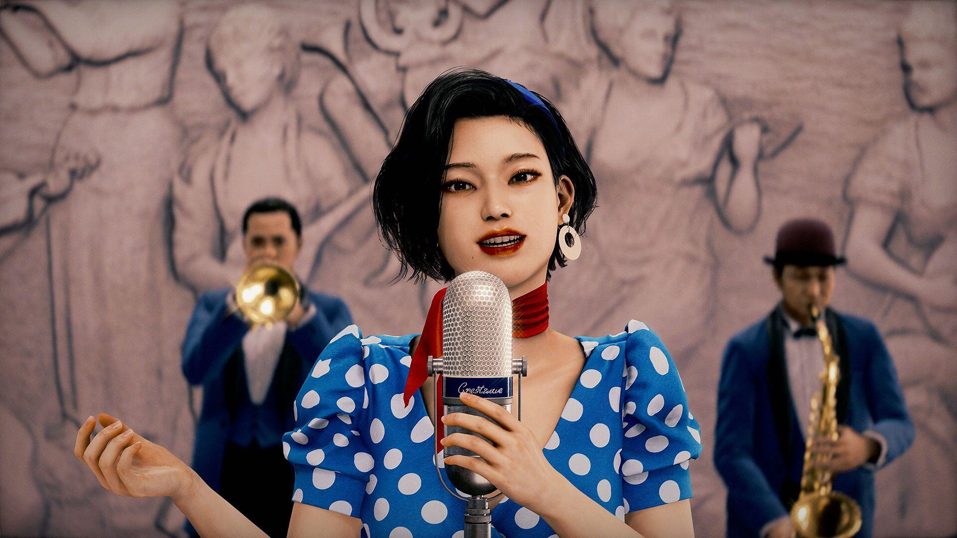 HD PC desktop wallpaper Stranger Than Heaven: a woman singer in a blue polka-dot dress holds a vintage microphone with a jazz band playing behind her.