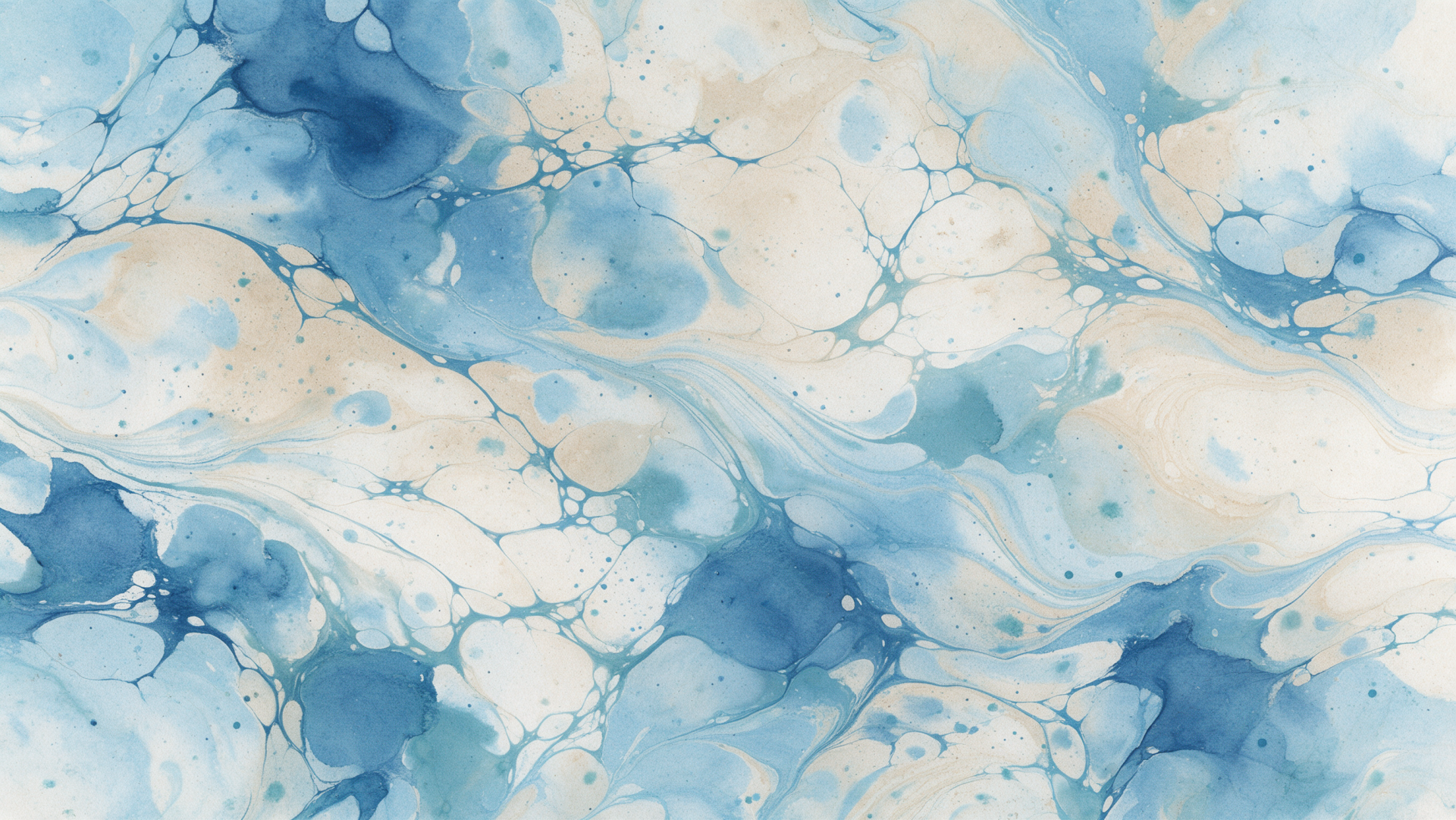 Abstract marble watercolor in blue and cream with flowing veins and splatters, 2K Quad HD PC desktop wallpaper background.