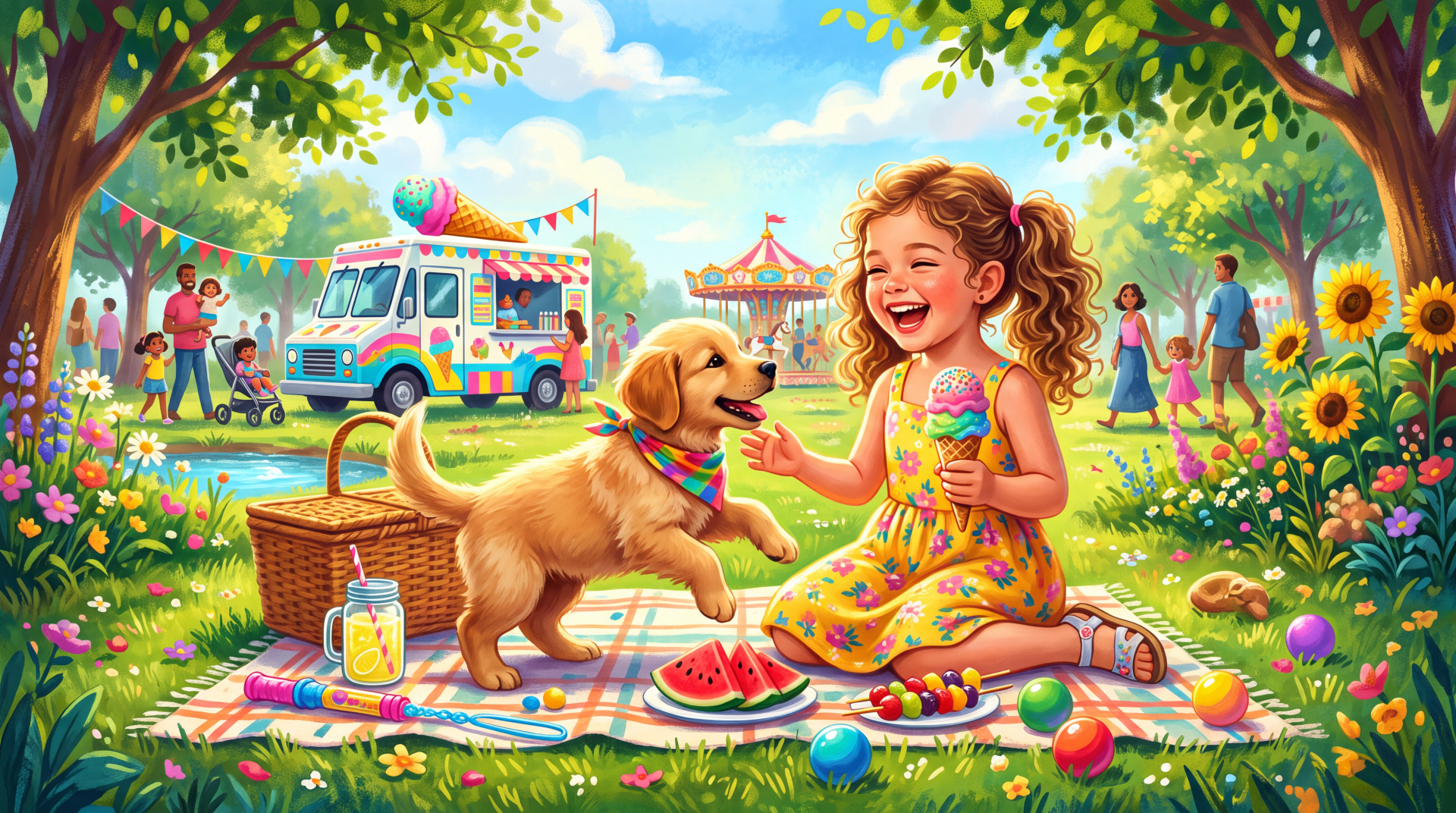 5K Ultra HD PC desktop wallpaper: cute summer scene of a girl and her dog sharing treats on a picnic blanket in a sunny park with an ice cream truck.