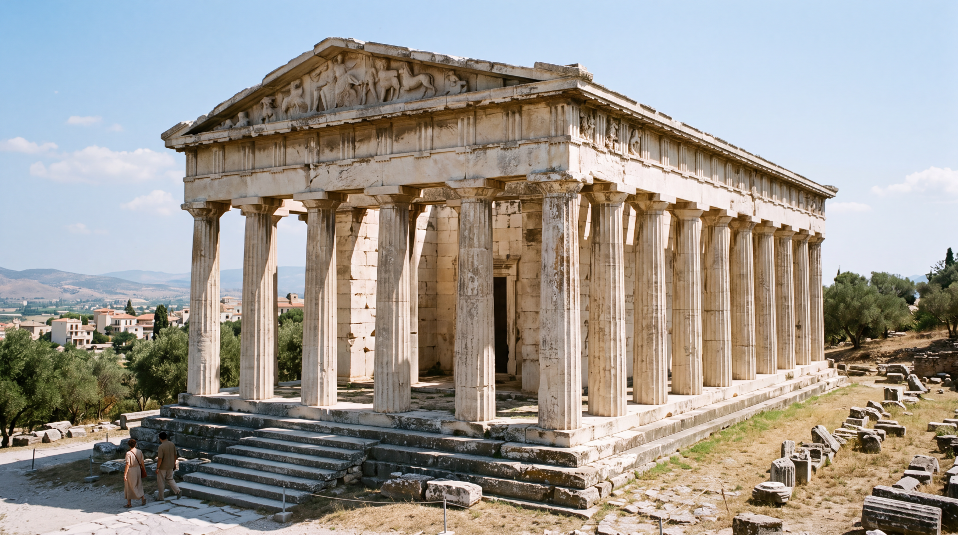 5K Ultra HD desktop wallpaper of an ancient classical temple ruin with towering columns on a sunlit hill, stone steps and scattered debris in the foreground.