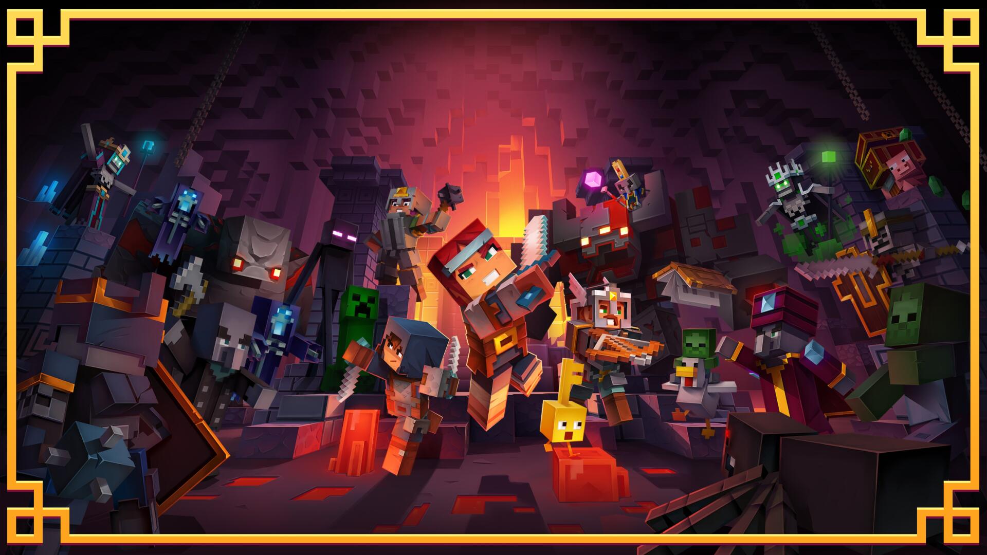 Minecraft Dungeons II video game scene: blocky Minecraft heroes and monsters clash in a glowing cavern — 4K Ultra HD PC desktop wallpaper and background.