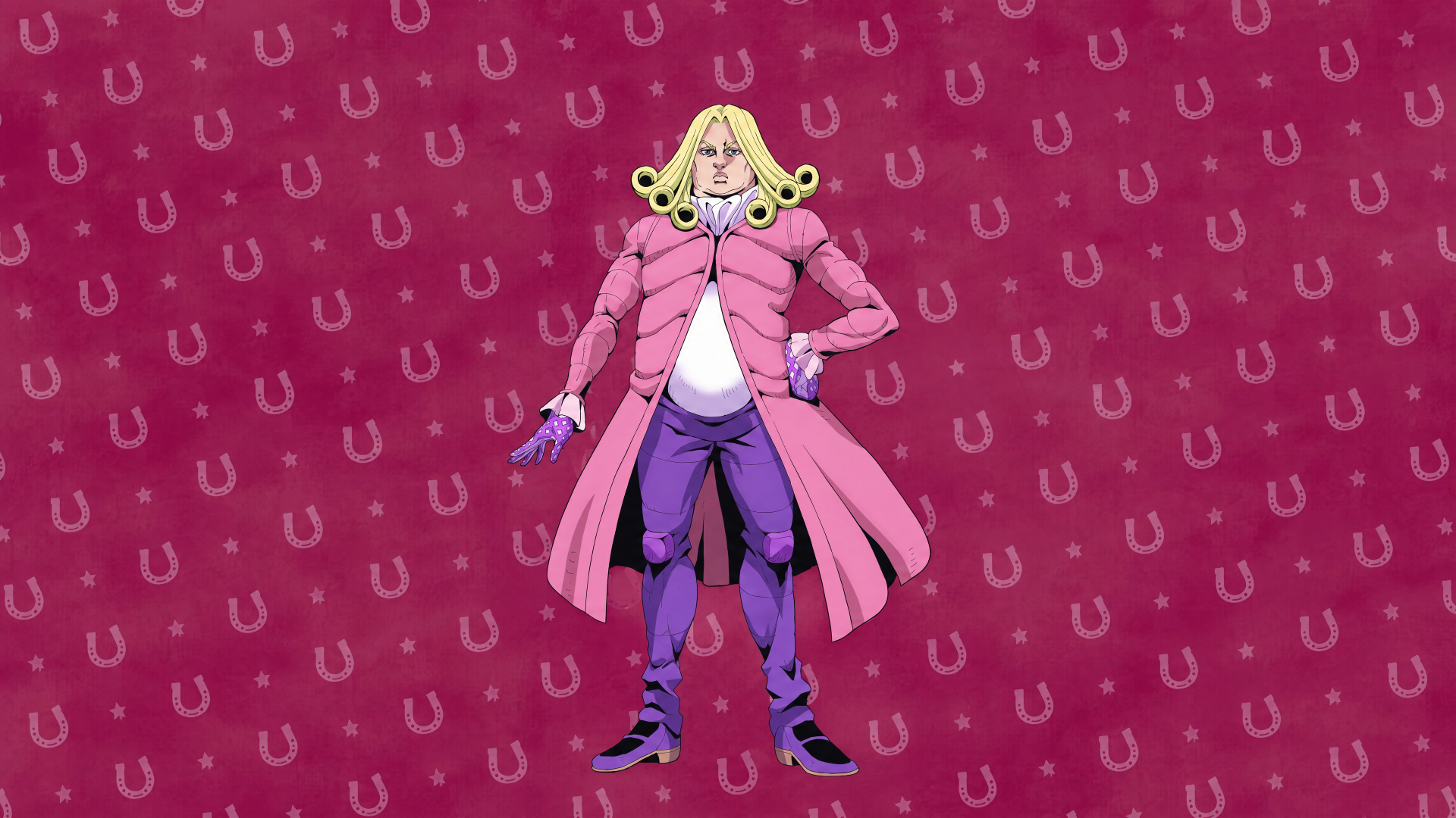 Funny Valentine from Steel Ball Run stands in a pink coat against a repeating horseshoe pattern — 4K Ultra HD PC desktop wallpaper background.