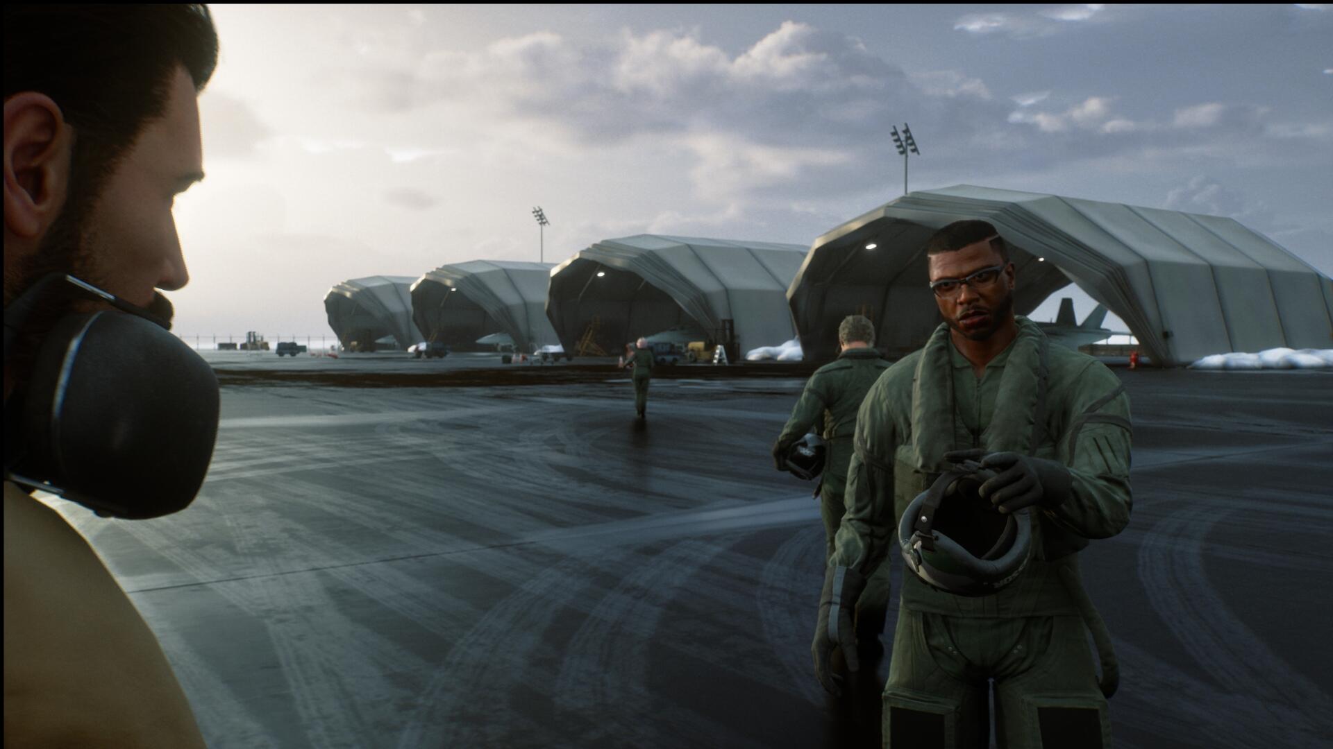 Ace Combat 8: Wings of Theve HD PC desktop wallpaper showing military soldiers on a wet airfield by hangars, one holding a flight helmet beneath a cloudy sky.