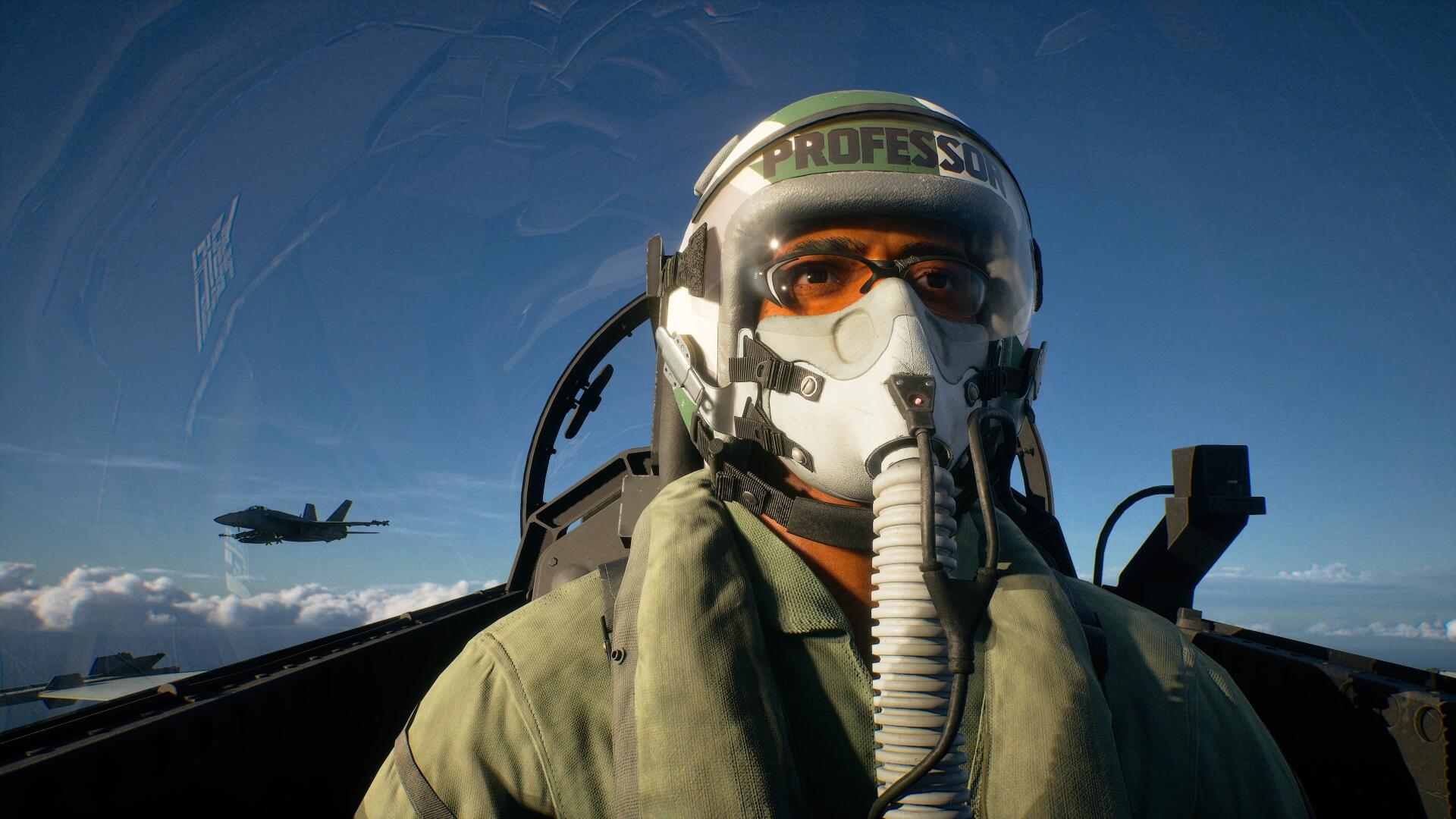 Ace Combat 8: Wings of Theve HD PC desktop wallpaper — cockpit view of a jet fighter pilot wearing helmet and oxygen mask, another fighter visible over clouds.