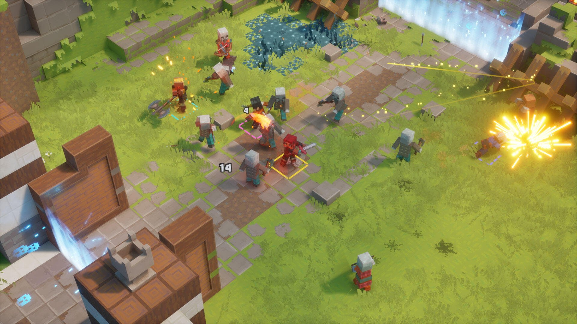 HD PC desktop wallpaper of Minecraft Dungeons II: top-down battle scene from a strategy video game, heroes and mobs clash on a blocky grassy battlefield under spell explosions.